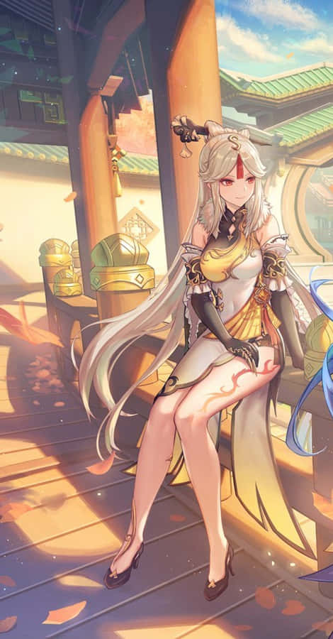 Genshin Impact Ningguang 桌布 壁紙 — 一位優雅的動漫少女，銀色頭髮和紅色標記，坐在木製陽台上，沐浴在溫暖的陽光下，周圍是飄落的秋葉和傳統建築。