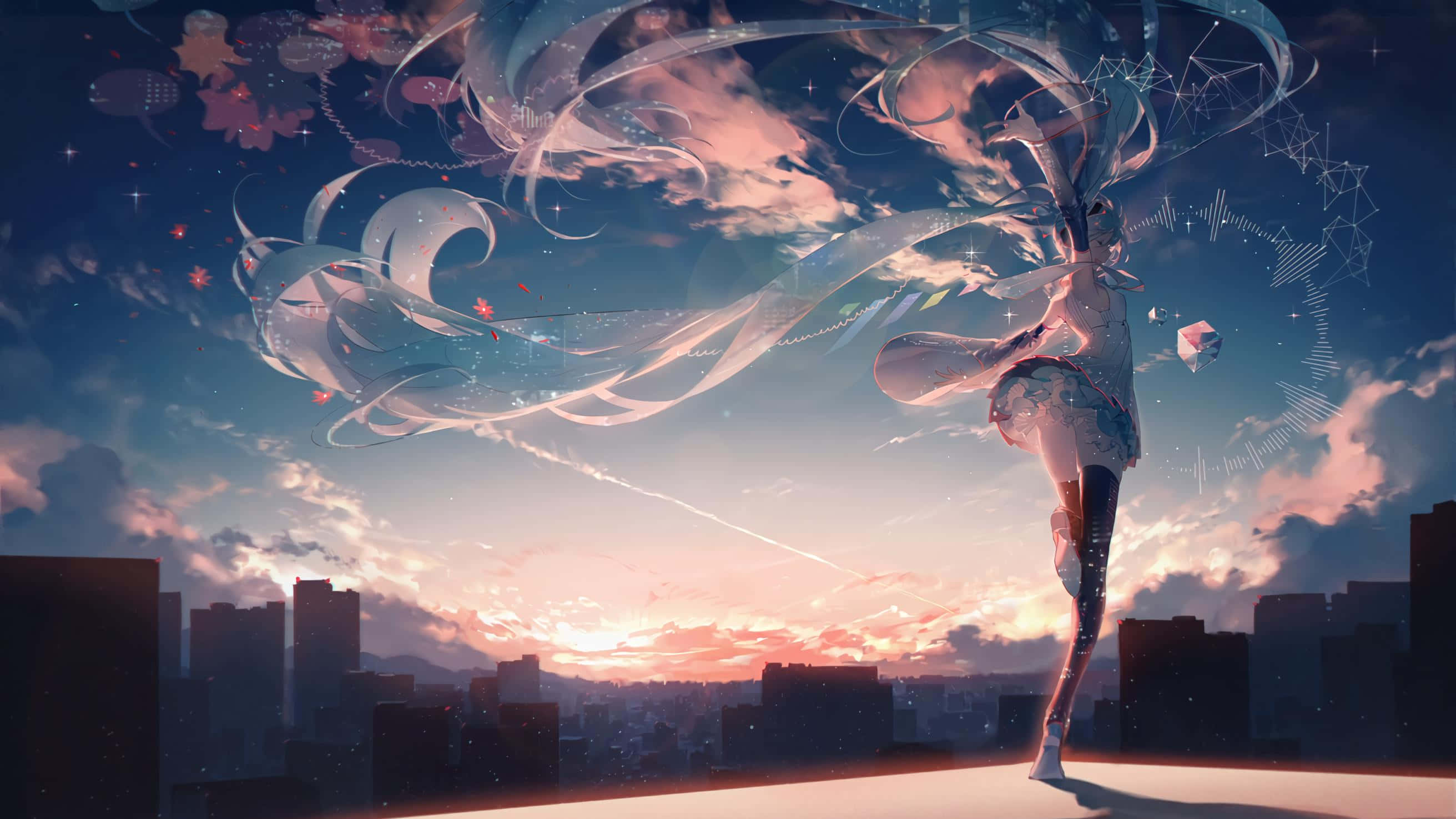 lofi 桌布 壁紙 — 一位優雅的動漫少女，飄逸的長髮，在城市屋頂上跳舞，粉紅色和橙色的夕陽色調描繪天空，漂浮的花朵和幾何星星。