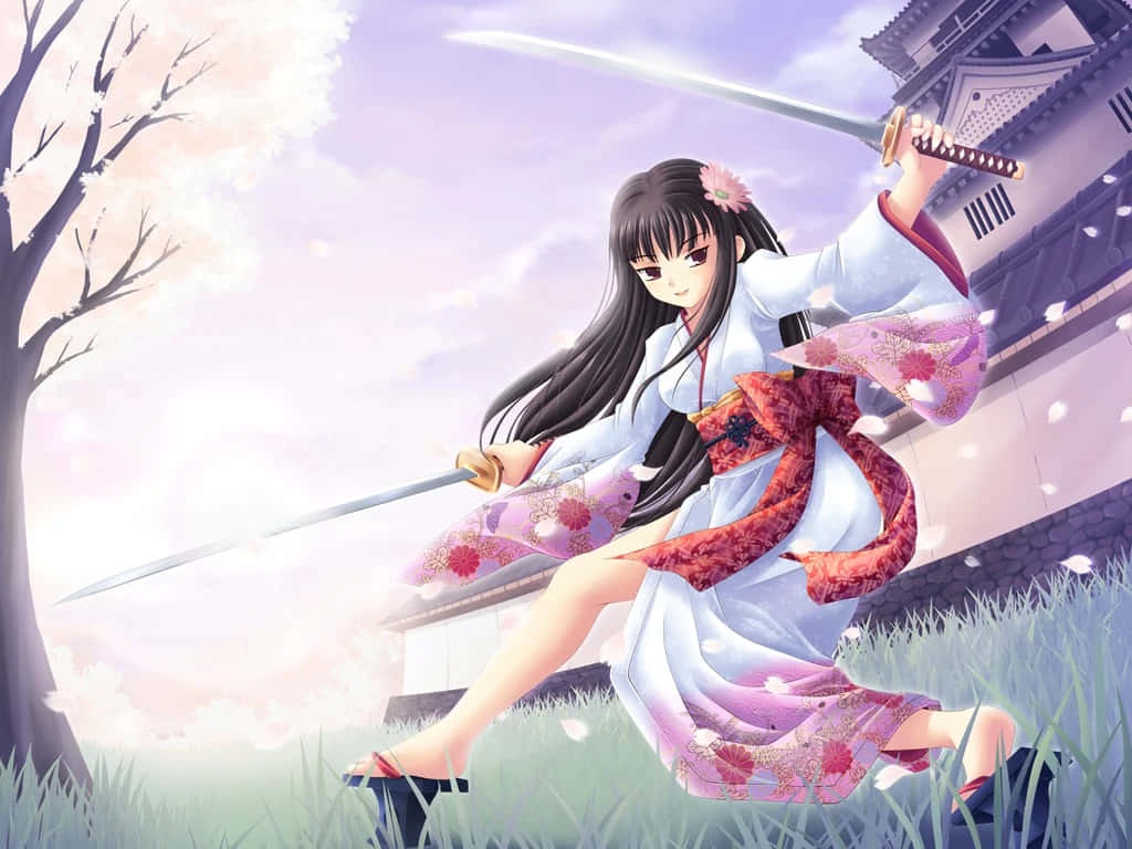 Female Samurai 桌布 壁紙 — 一位優雅的動漫少女穿著花卉和服，在傳統日本城堡前的飄落櫻花中揮舞武士刀。