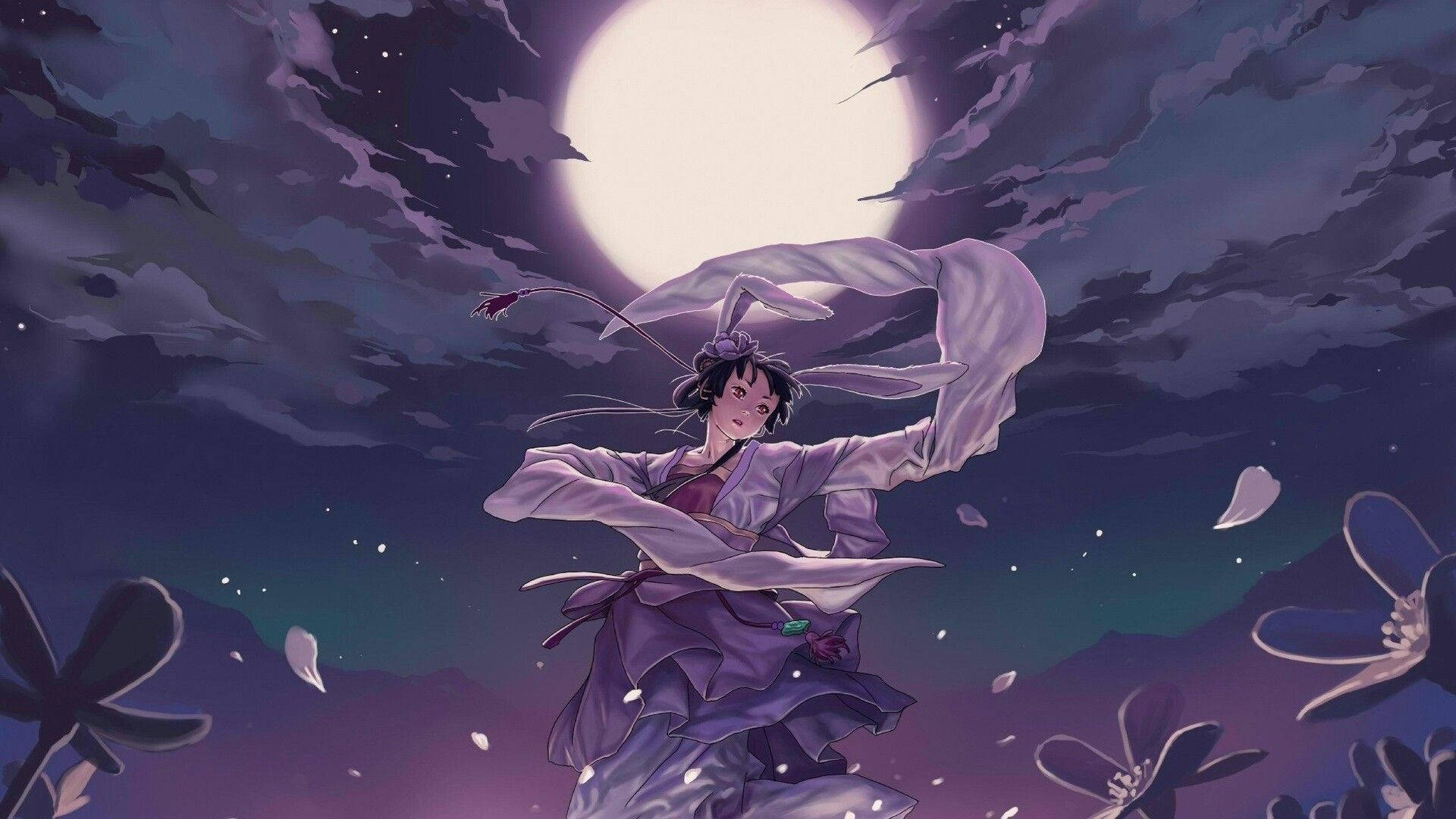anime dance 桌布 壁紙 — 一位優雅的動漫少女穿著飄逸的紫色長袍，在明亮的滿月下，於旋轉的雲朵和飄落的花瓣中翩翩起舞。