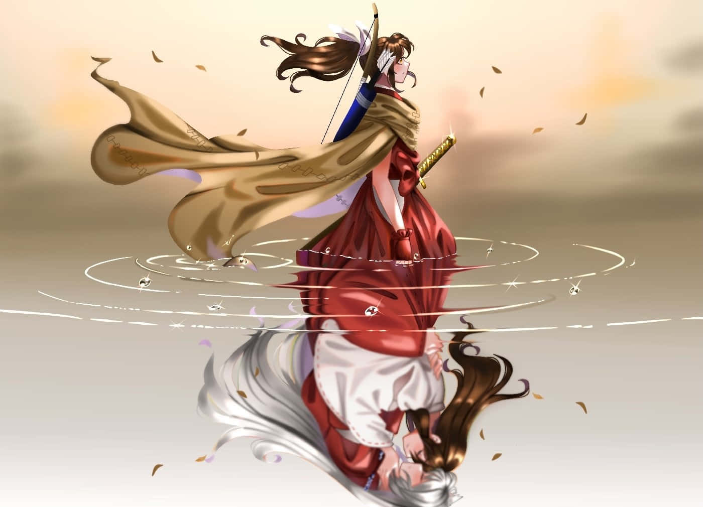 Setsuna 桌布 壁紙 — 一位優雅的動漫弓箭手，身穿紅金長袍，在水面上蓄勢待發，弓已拉滿，腰間佩劍，樹葉在她周圍旋轉。
