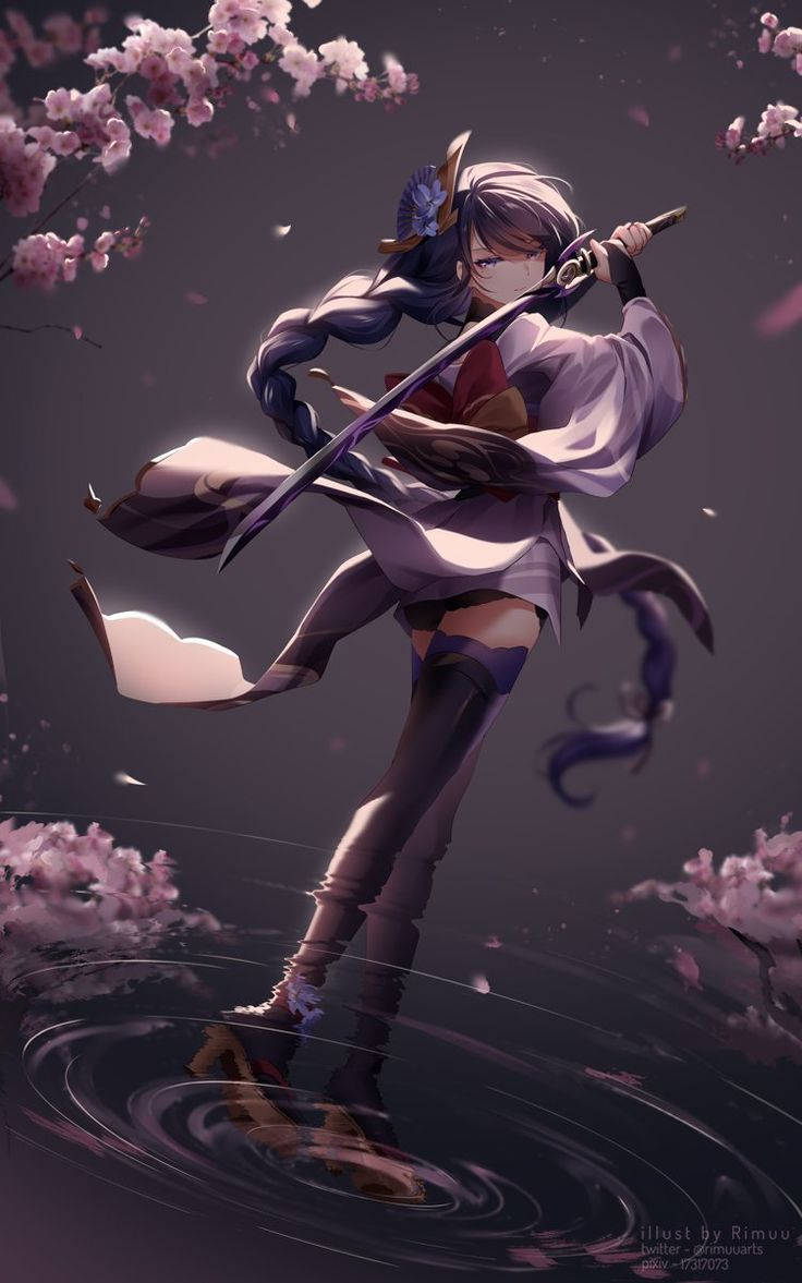 動漫少女持劍立於櫻花下的水中。