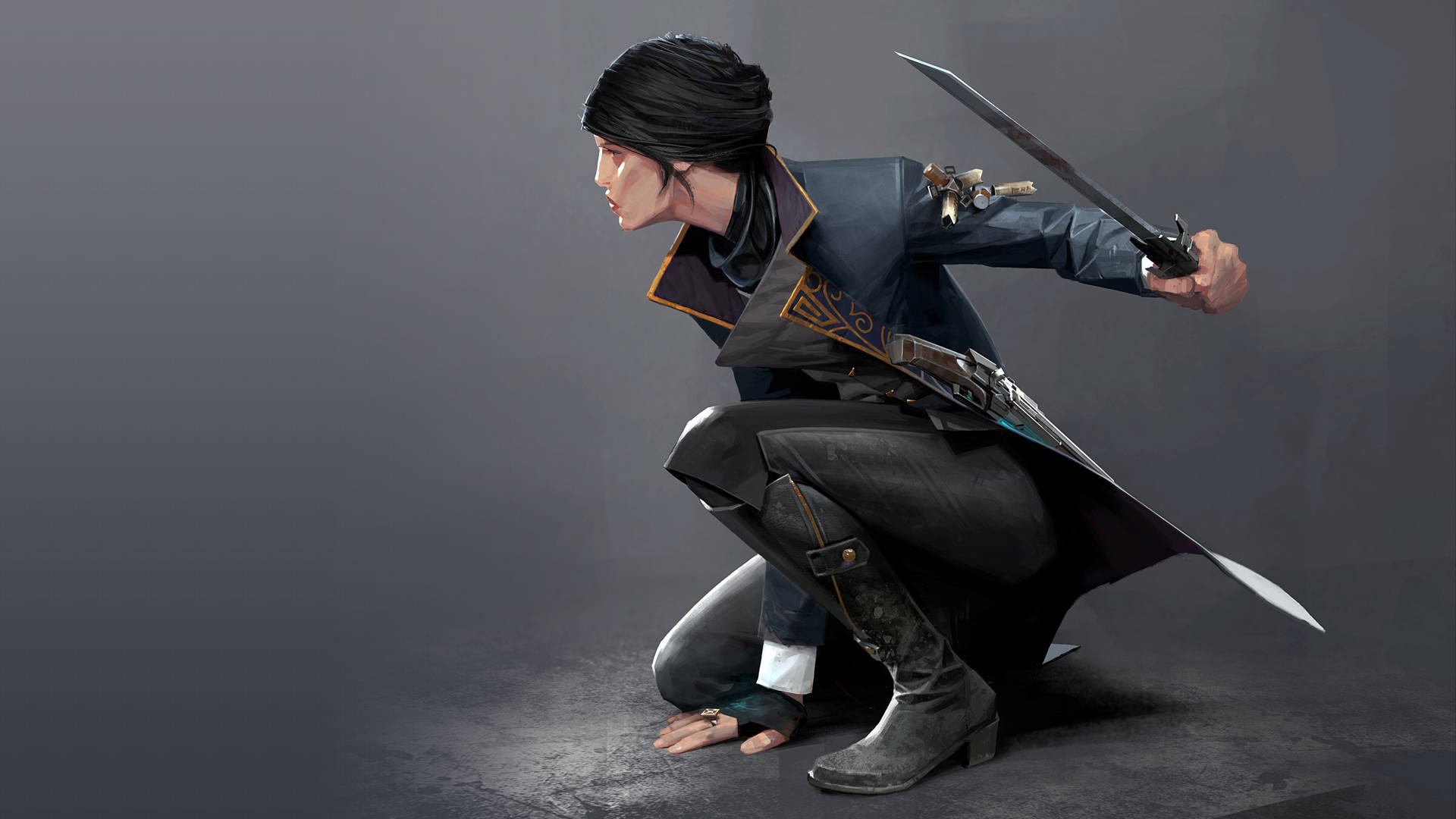 Dishonored 2 桌布 壁紙 — 一位優雅的動漫戰士蹲在黑暗的攝影棚中，在灰色背景前專注地揮舞著閃亮的劍。