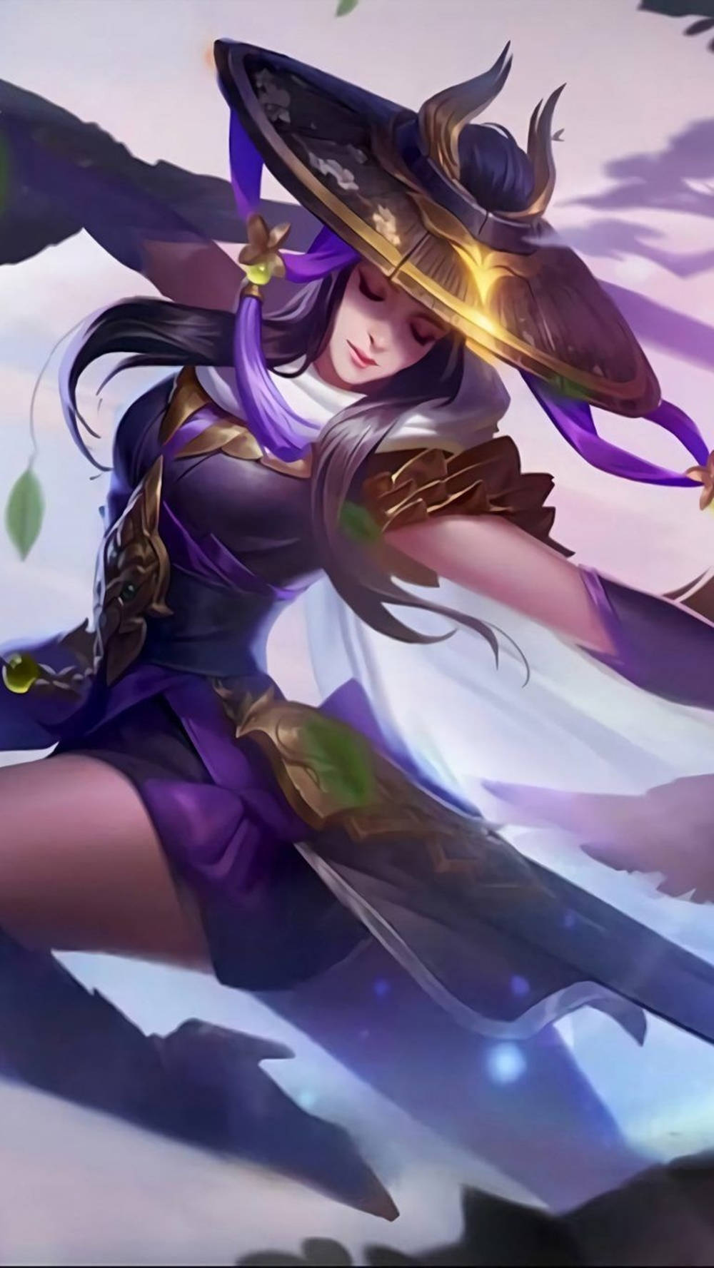 身穿紫色盔甲的動漫戰士揮劍跳躍，披風飄揚。 — Mobile Legends 動態圖 壁紙