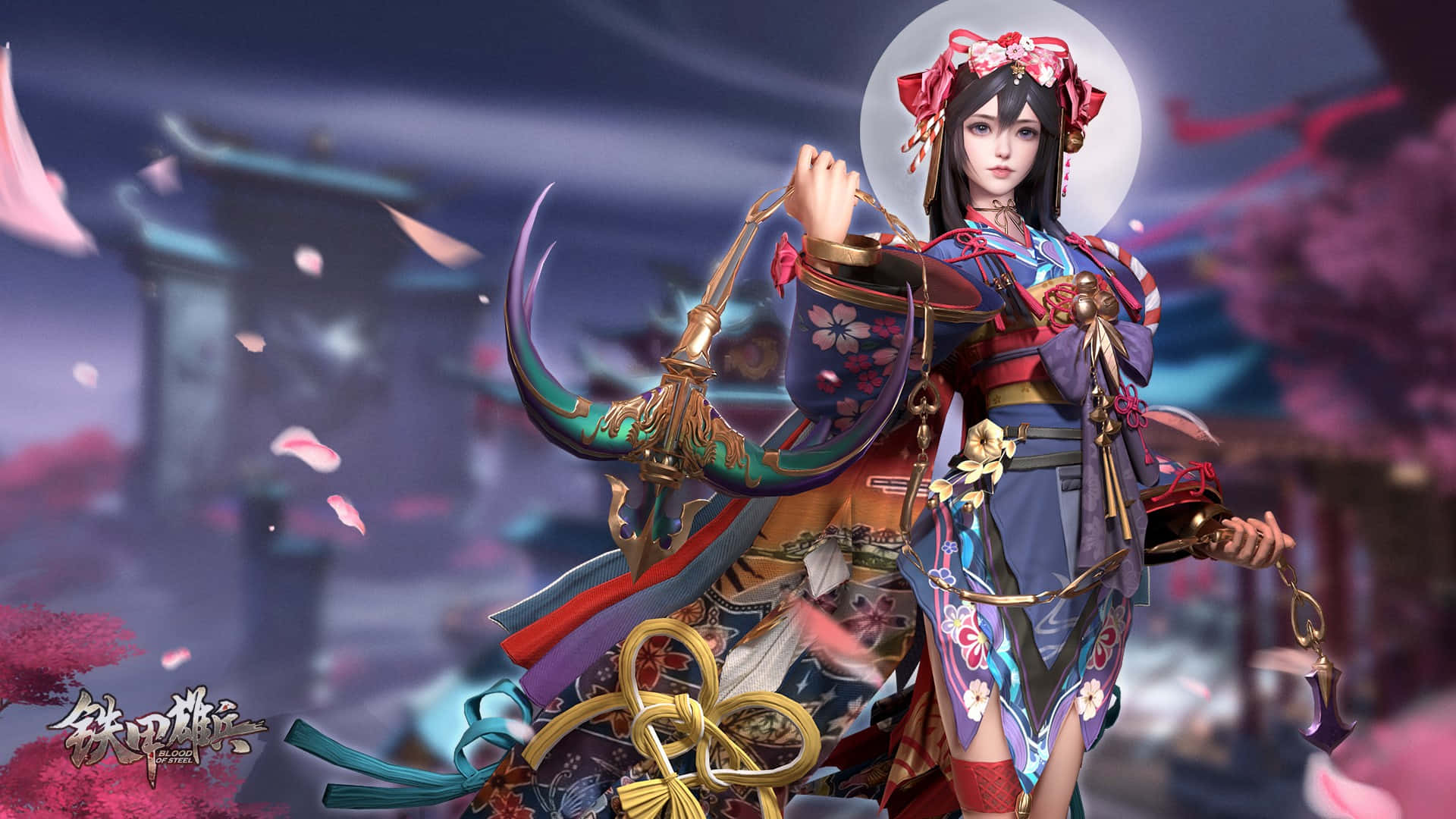 Blood Of Steel 桌布 壁紙 — 一位優雅的動漫戰士身著華麗花卉盔甲，在月光下的櫻花神社背景下擺好姿勢。