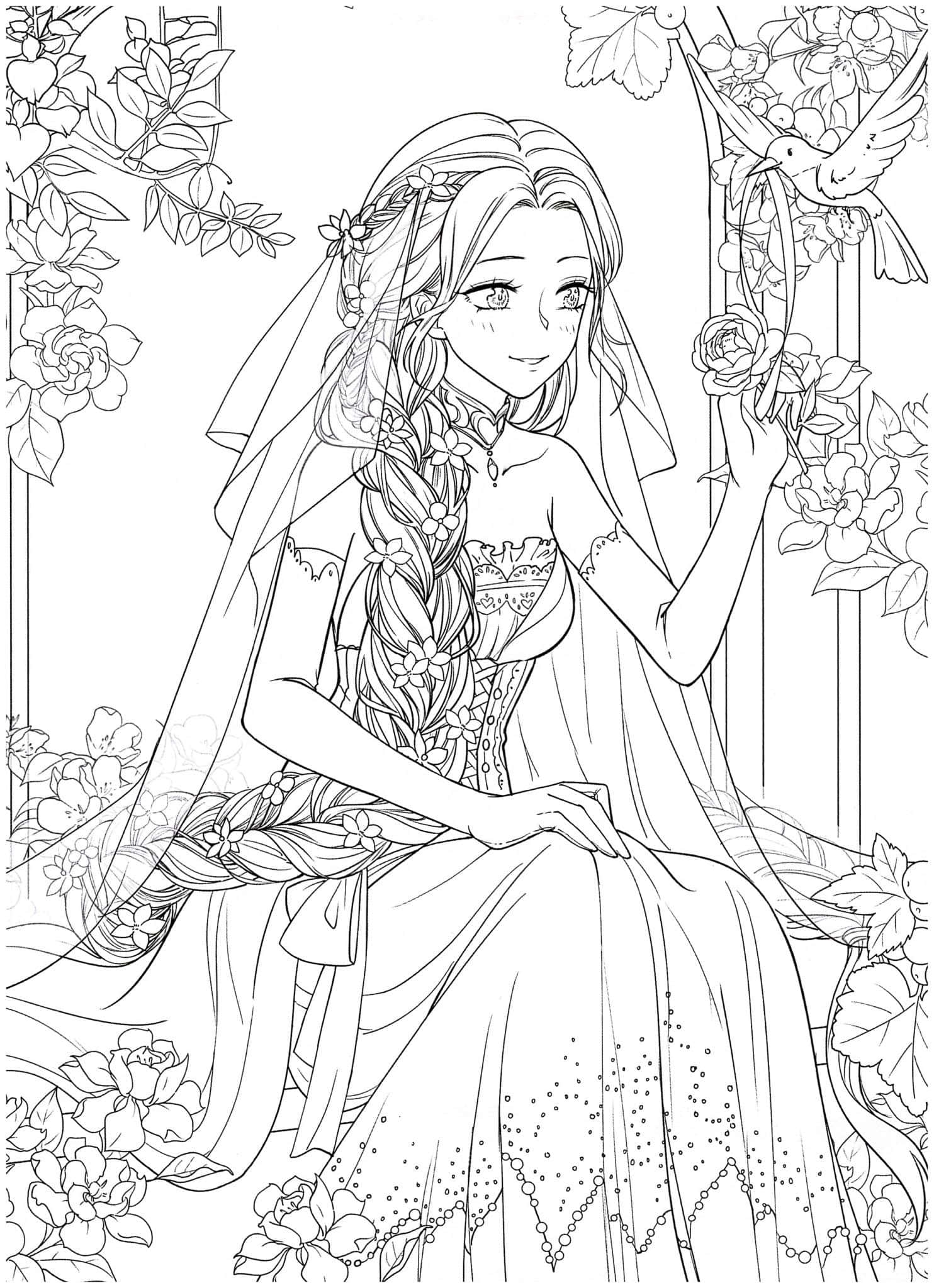 Anime Coloring 桌布 壁紙 — 一位優雅的動漫新娘，辮子頭髮和花卉頭紗，坐在玫瑰叢中，附近有一隻鳥棲息。