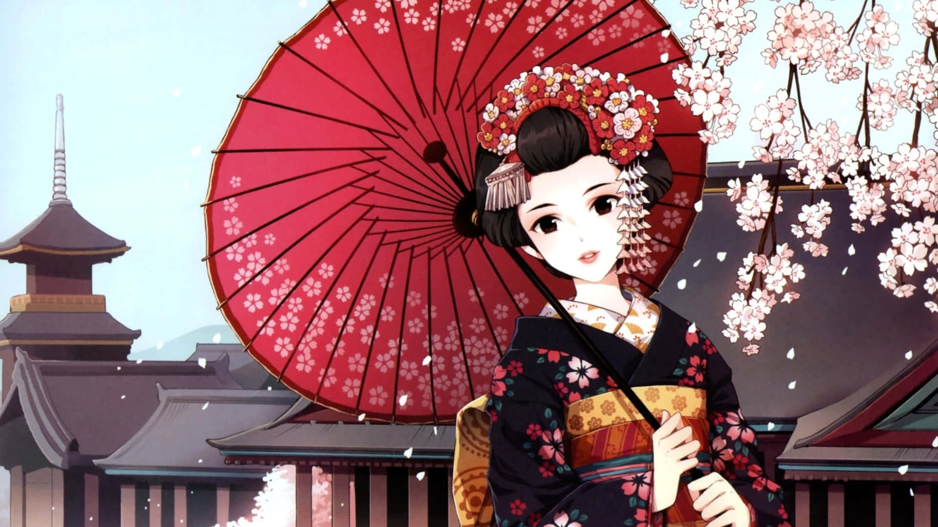 桌布 壁紙 — 一位優雅的動漫藝妓穿著花卉和服，在傳統日本建築附近盛開的櫻花樹下拿著一把紅色的櫻花傘。