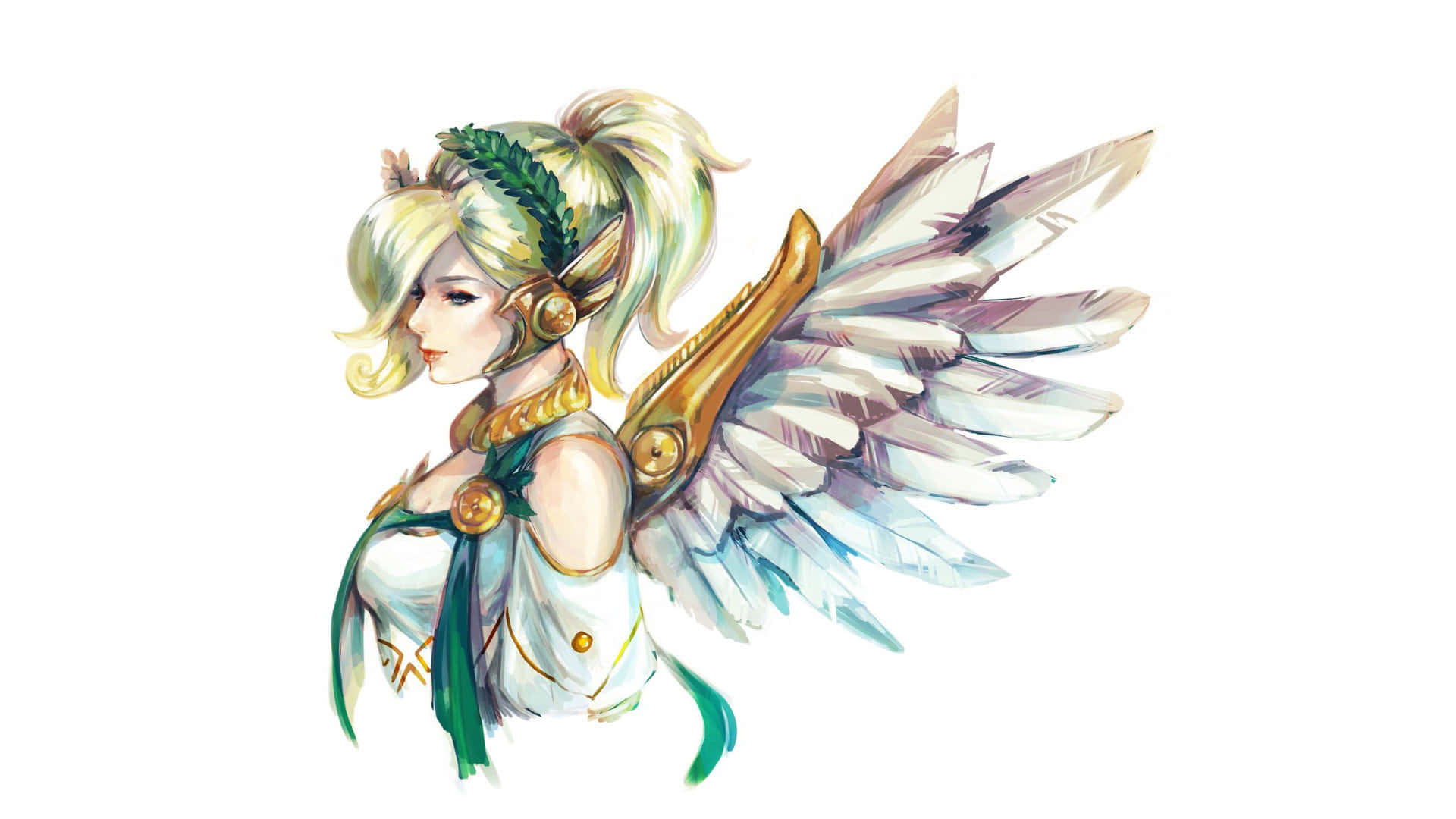 Mercy Overwatch 桌布 壁紙 — 一位優雅的動漫風格天使，擁有金色頭髮和羽毛翅膀，呈現柔和的水彩色調。