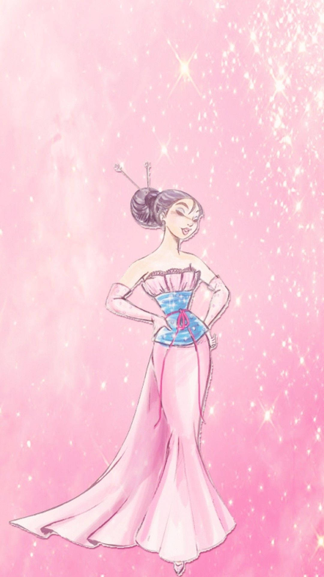 Mulan 桌布 壁紙 — 一位優雅的動漫風格女性，身穿粉紅色長裙和藍色束腰，站在柔和的粉紅色背景中，周圍閃爍著閃光。