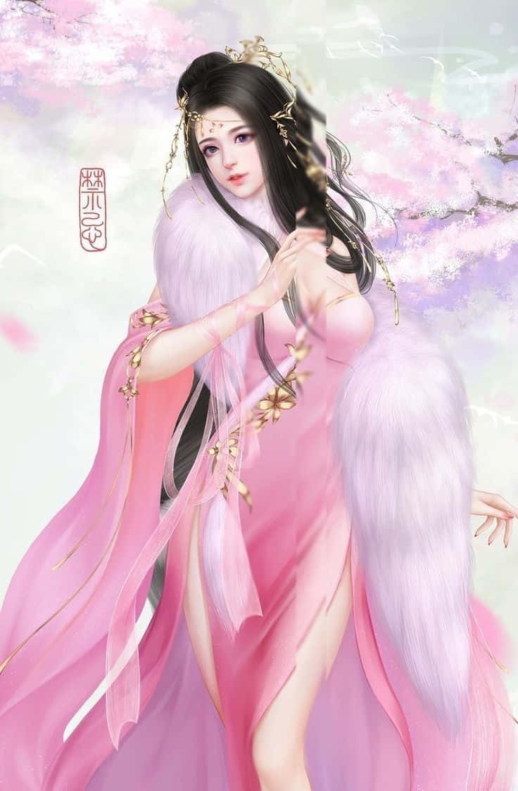 動漫藝術GIF 桌布 壁紙 — 一位優雅的動漫風格女性，身穿飄逸的粉紅色長裙，站在盛開的櫻花下，帶有柔和的粉彩色調。