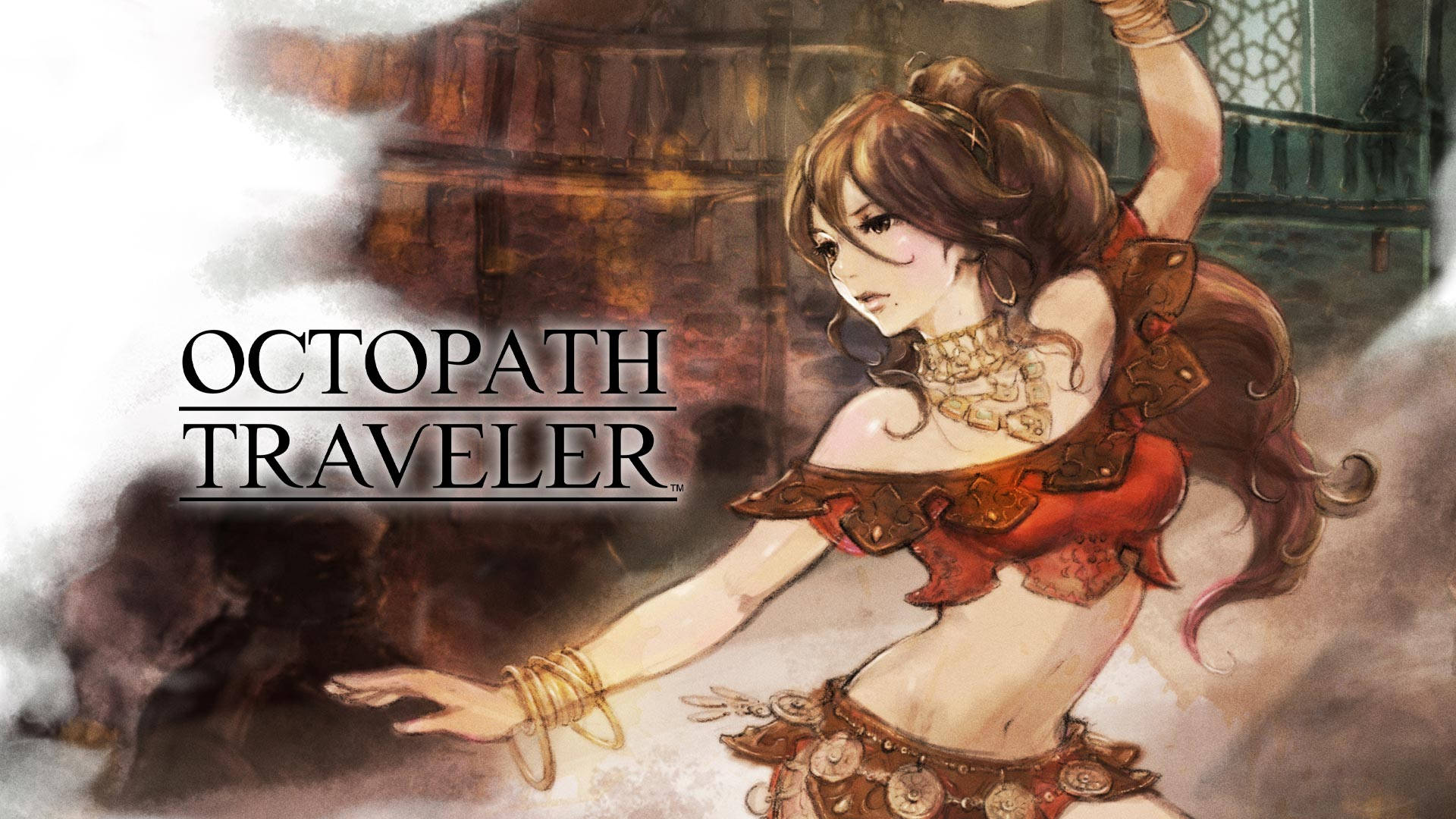 Traveler 桌布 壁紙 — 一位優雅的動漫風格女性旅行者，身穿華麗的紅色和金色盔甲，在煙霧繚繞的氛圍背景下，向一個陰影生物伸出手。