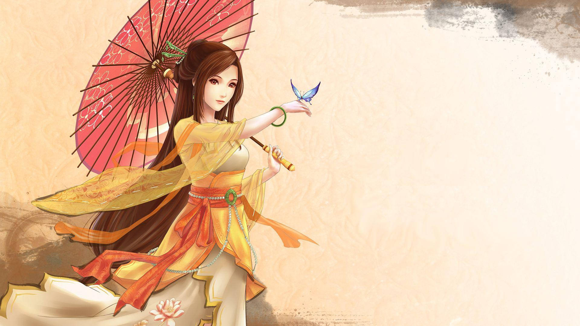 Drawing 桌布 壁紙 — 一位優雅的動漫風格女性身穿飄逸的黃色長袍，手持紅色陽傘，一隻藍色蝴蝶在她伸出的手附近盤旋。