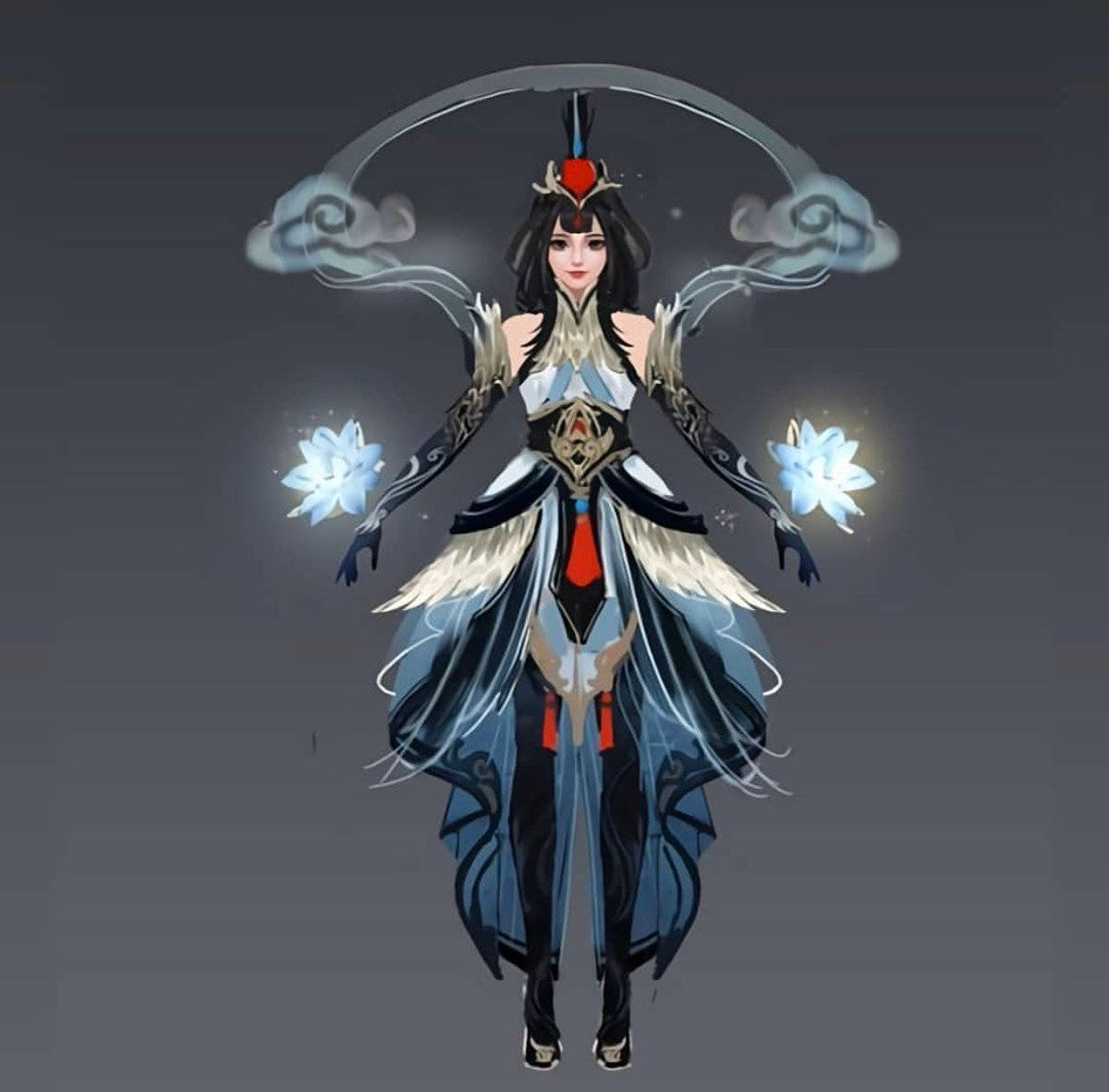 Guinevere 桌布 壁紙 — 一位優雅的動漫風格女戰士，黑髮藍白翅膀，手持發光蓮花，彎曲的刀刃在她頭頂上方劃出弧線。