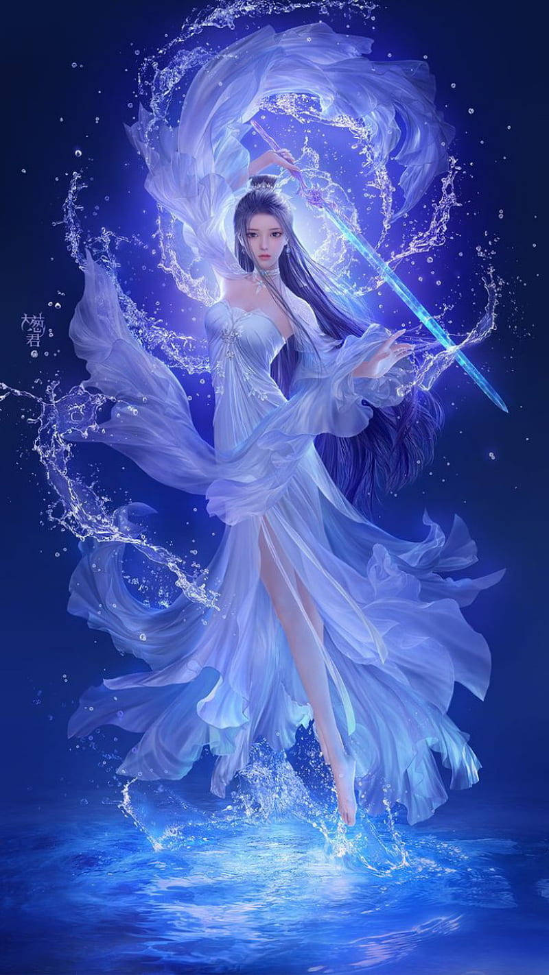 Anime Girl Phone 桌布 壁紙 — 一位優雅的動漫風格戰士，身穿飄逸的白色長袍，在旋轉的水流和星光宇宙能量中揮舞著發光的藍色劍。