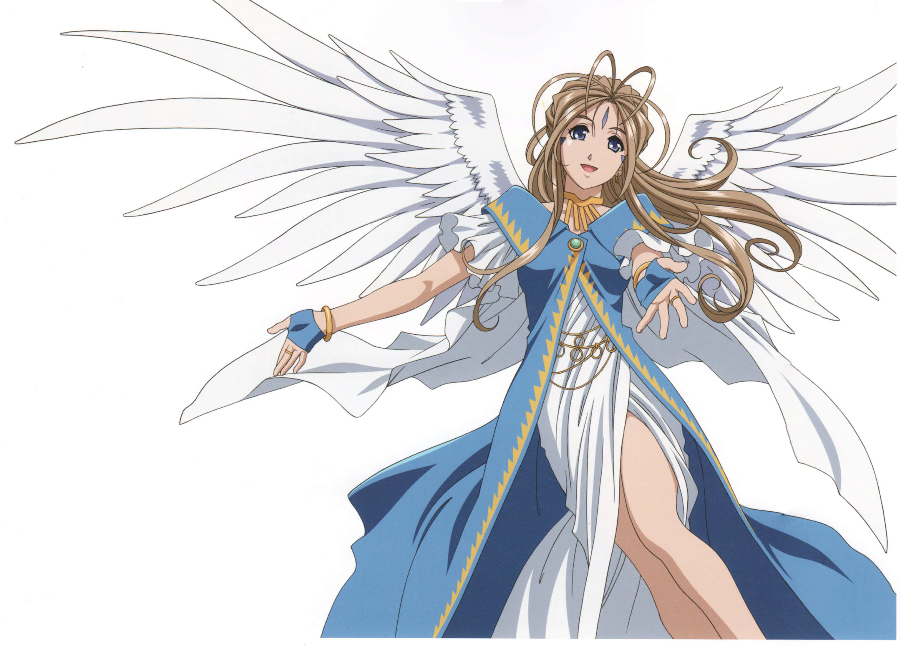 Ah My Goddess 桌布 壁紙 — 一位優雅的動畫天使，擁有飄逸的金髮和寬闊的白色翅膀，在純白色背景前穿著藍白長袍。