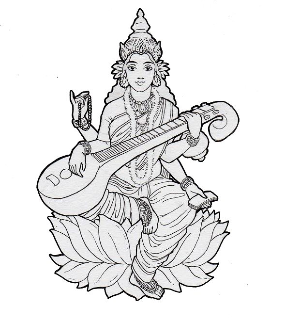 薩拉斯瓦蒂 桌布 壁紙 — 一位優雅的印度教女神坐在蓮花上，手持西塔琴，穿著精緻的傳統服飾和頭冠。