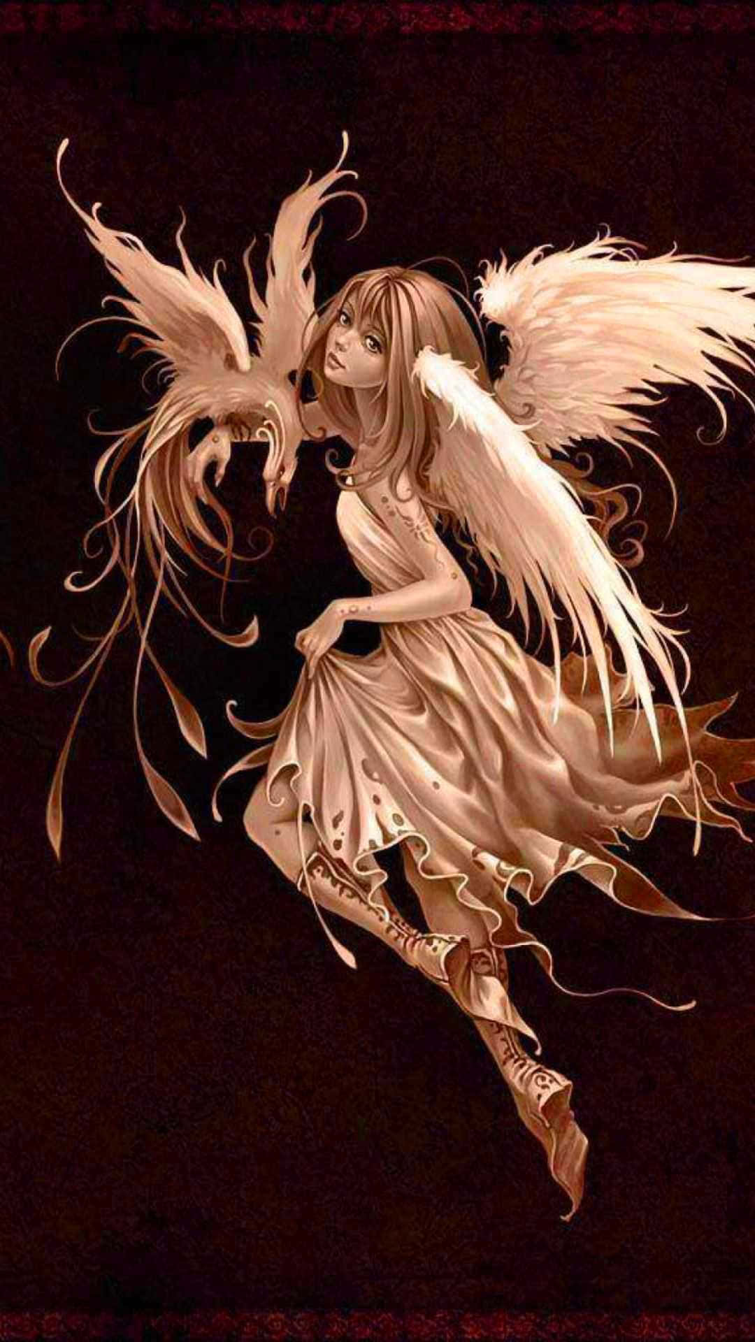 仙女美學 桌布 壁紙 — 一位優雅的天使，擁有流動的金色翅膀和精緻的長袍，在黑暗的背景中漂浮。