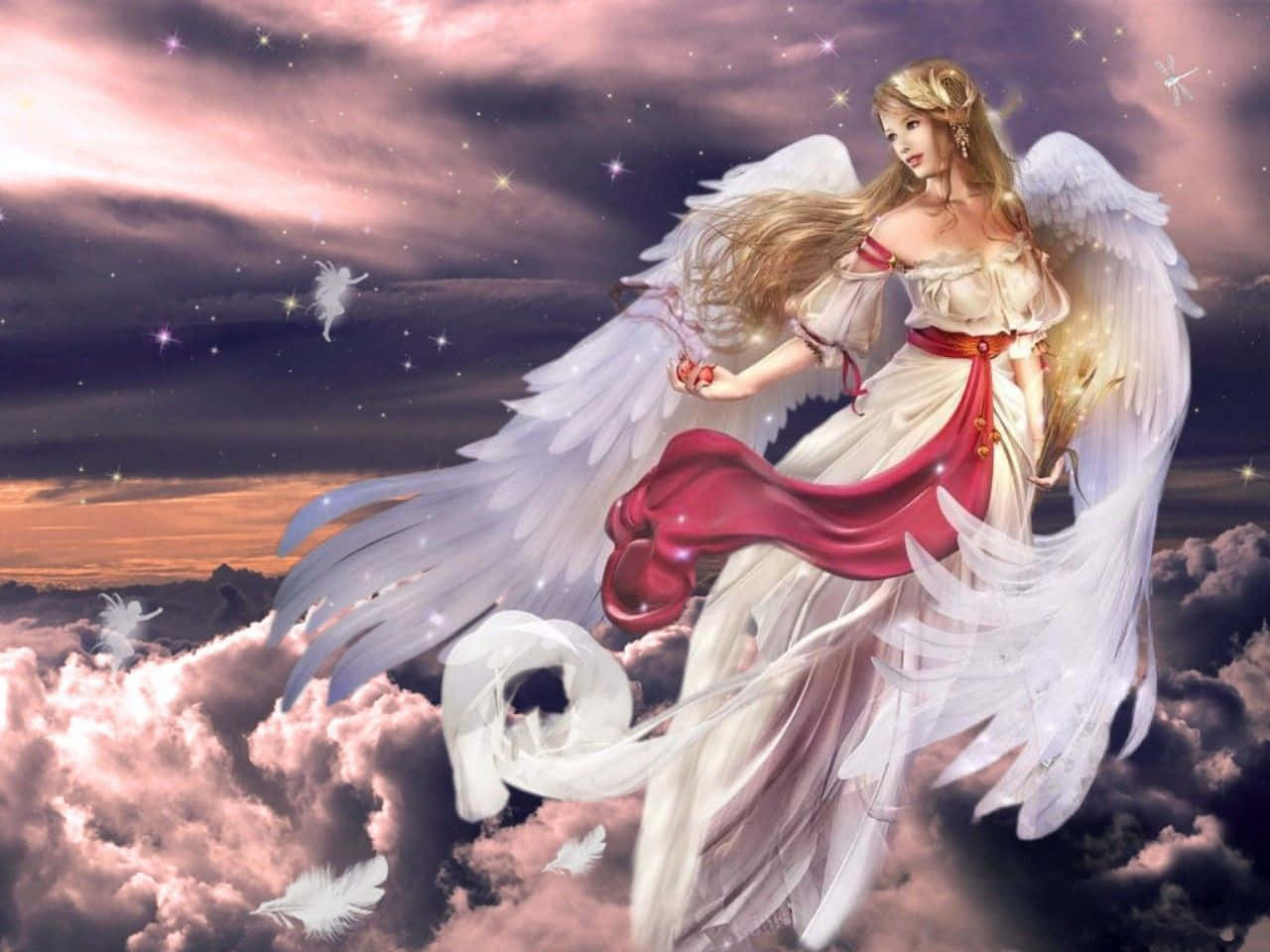 Beautiful Angel 桌布 壁紙 — 一位優雅的天使，擁有飄逸的白色翅膀和紅色腰帶，在星光璀璨的黃昏天空下漂浮在粉紅色的雲層之上。
