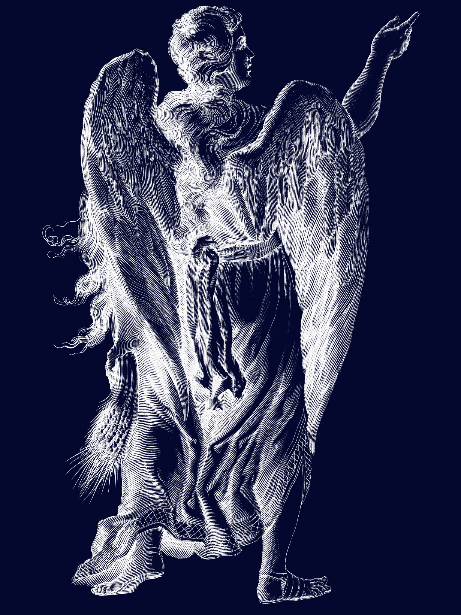Virgo 桌布 壁紙 — 一位優雅的天使，身穿飄逸長袍，翅膀細節精緻，站在深藍色背景前，一手優雅地舉起。