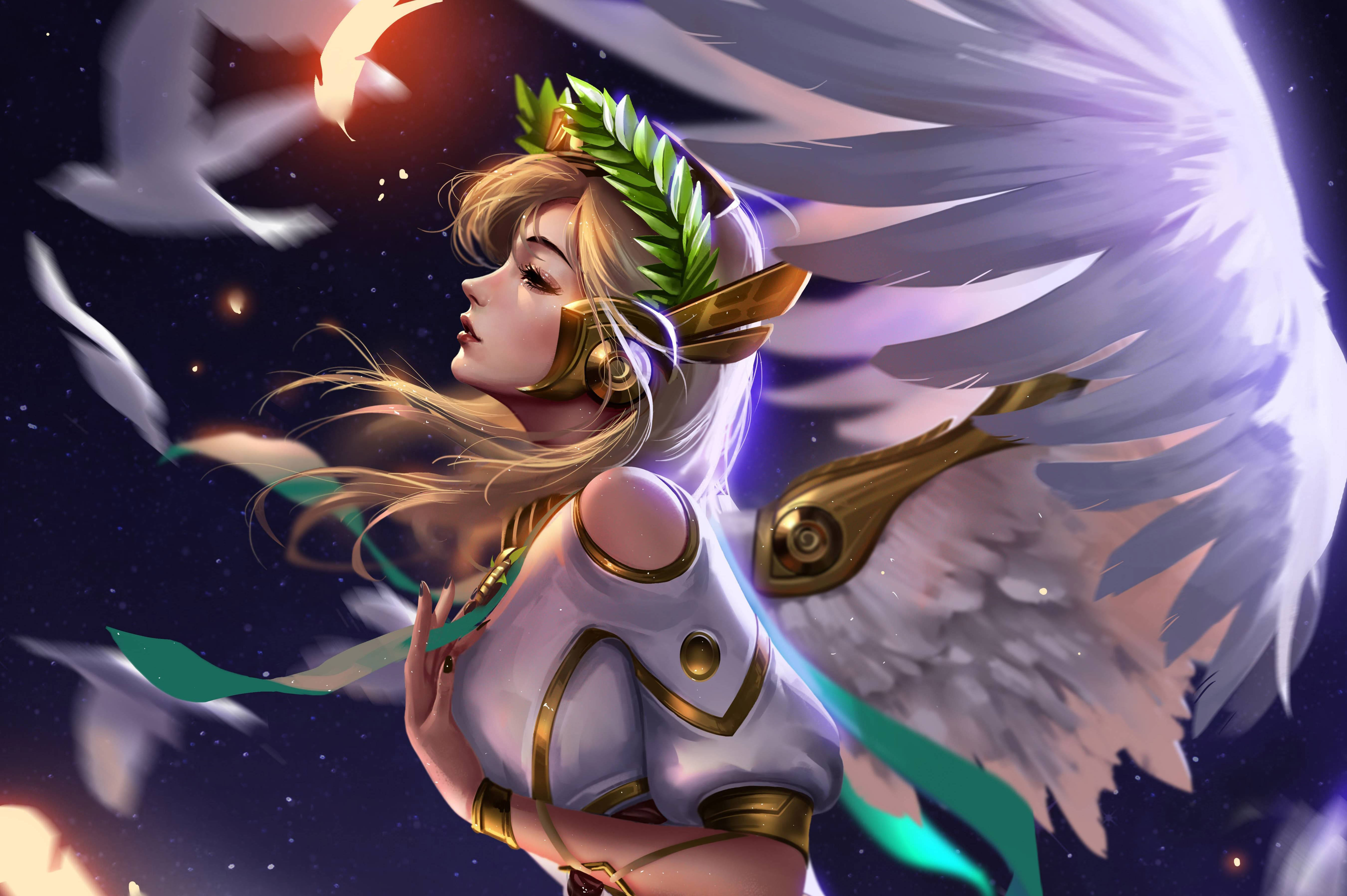 Mercy 桌布 壁紙 — 一位優雅的天使般女子，擁有白色翅膀和桂冠，在繁星點點的夜空下漂浮於飄落的羽毛之間。