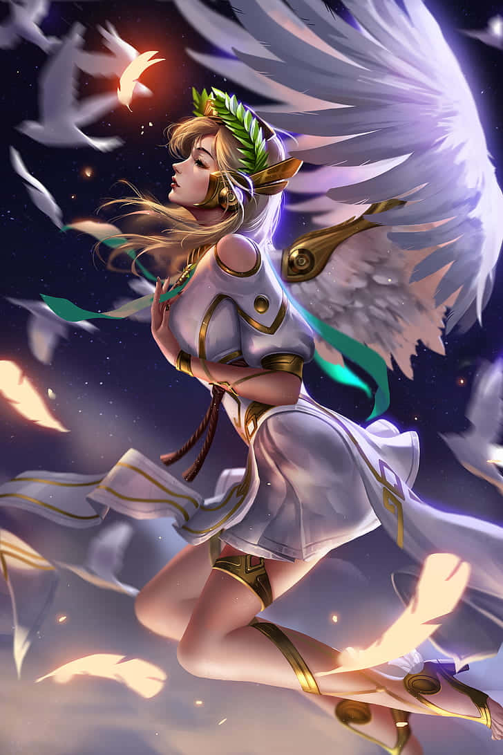 Overwatch Mercy 桌布 壁紙 — 一位優雅的天使般女子，擁有白色翅膀和桂冠，在繁星點點的夜空背景下，漂浮在飄落的羽毛和發光的光芒之中。