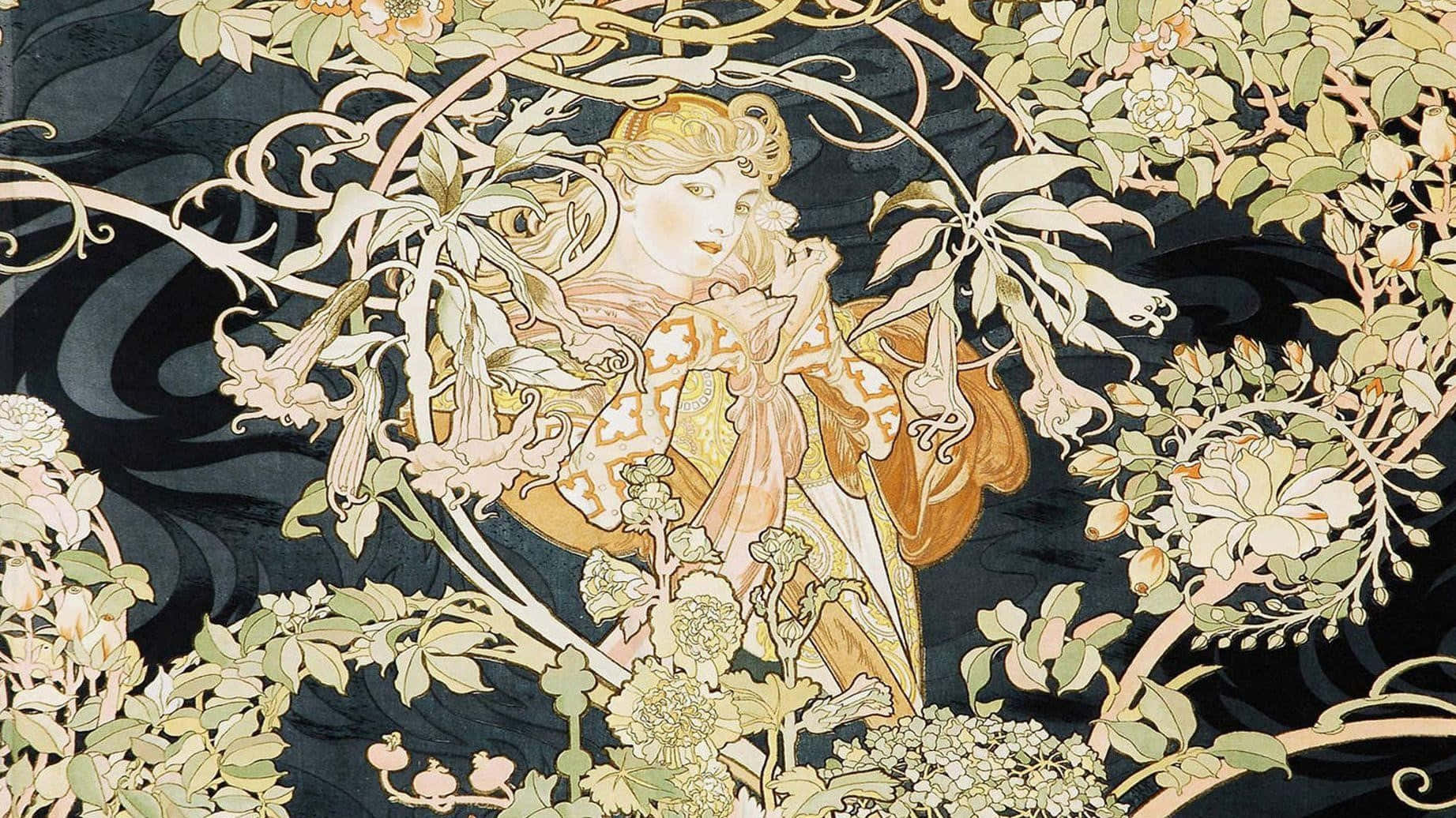 桌布 壁紙 — 一位優雅的女人穿著華麗的金色長袍，與流動的藤蔓和盛開的花朵交織在一起，背景是黑暗的漩渦。