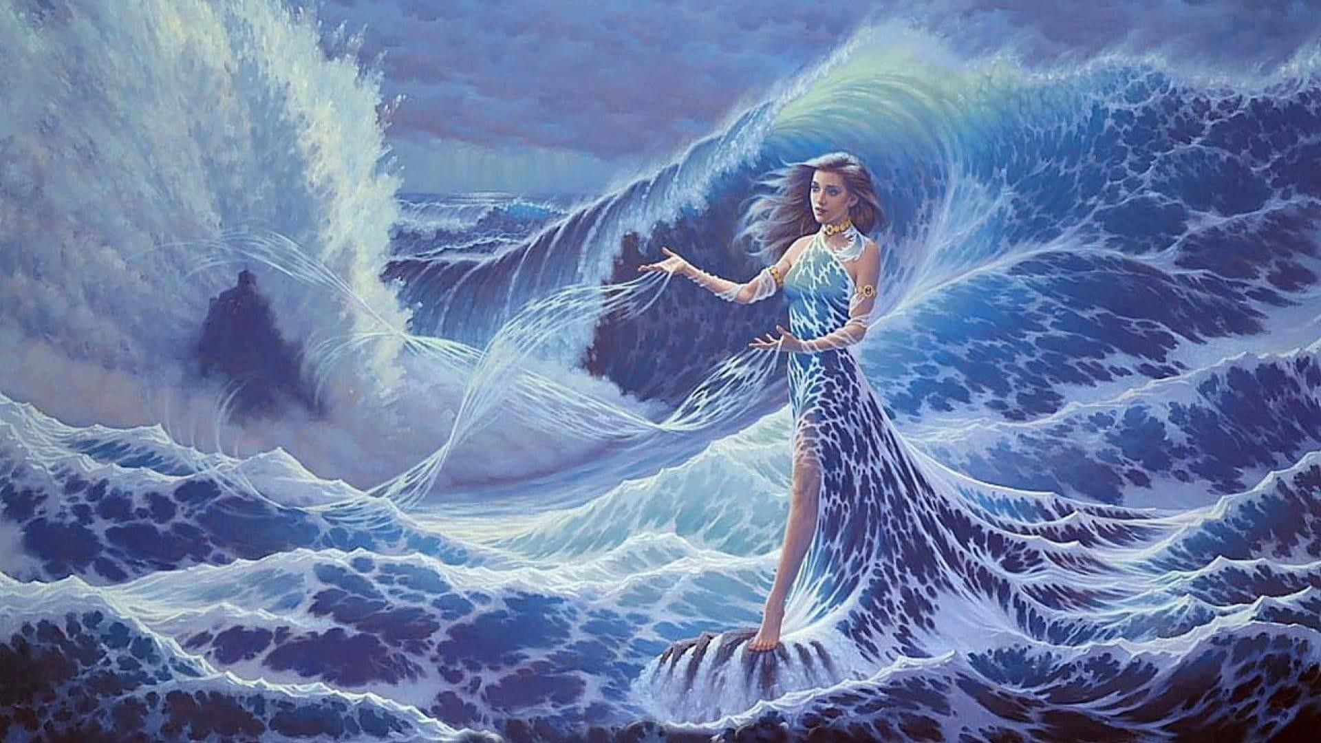 美人魚 桌布 壁紙 — 一位優雅的女人穿著飄逸的藍色長裙，站在岩石上，在暴風雨的天空下，巨大的海浪在她周圍翻騰。