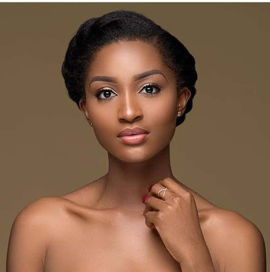 Nigeria 桌布 壁紙 — 一位優雅的女士，梳著高雅的髮髻，佩戴精緻的珠寶，在溫暖的棕色背景下溫柔地凝視。