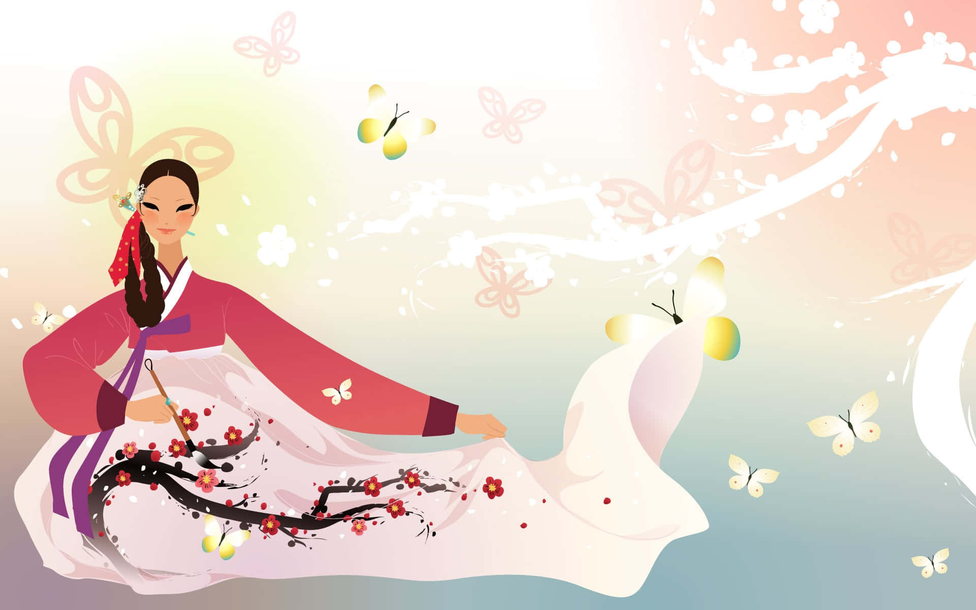 korean 桌布 壁紙 — 一位優雅的女士穿著傳統粉紅色韓服，坐在櫻花和翩翩蝴蝶之中，背景是柔和粉彩的天空。
