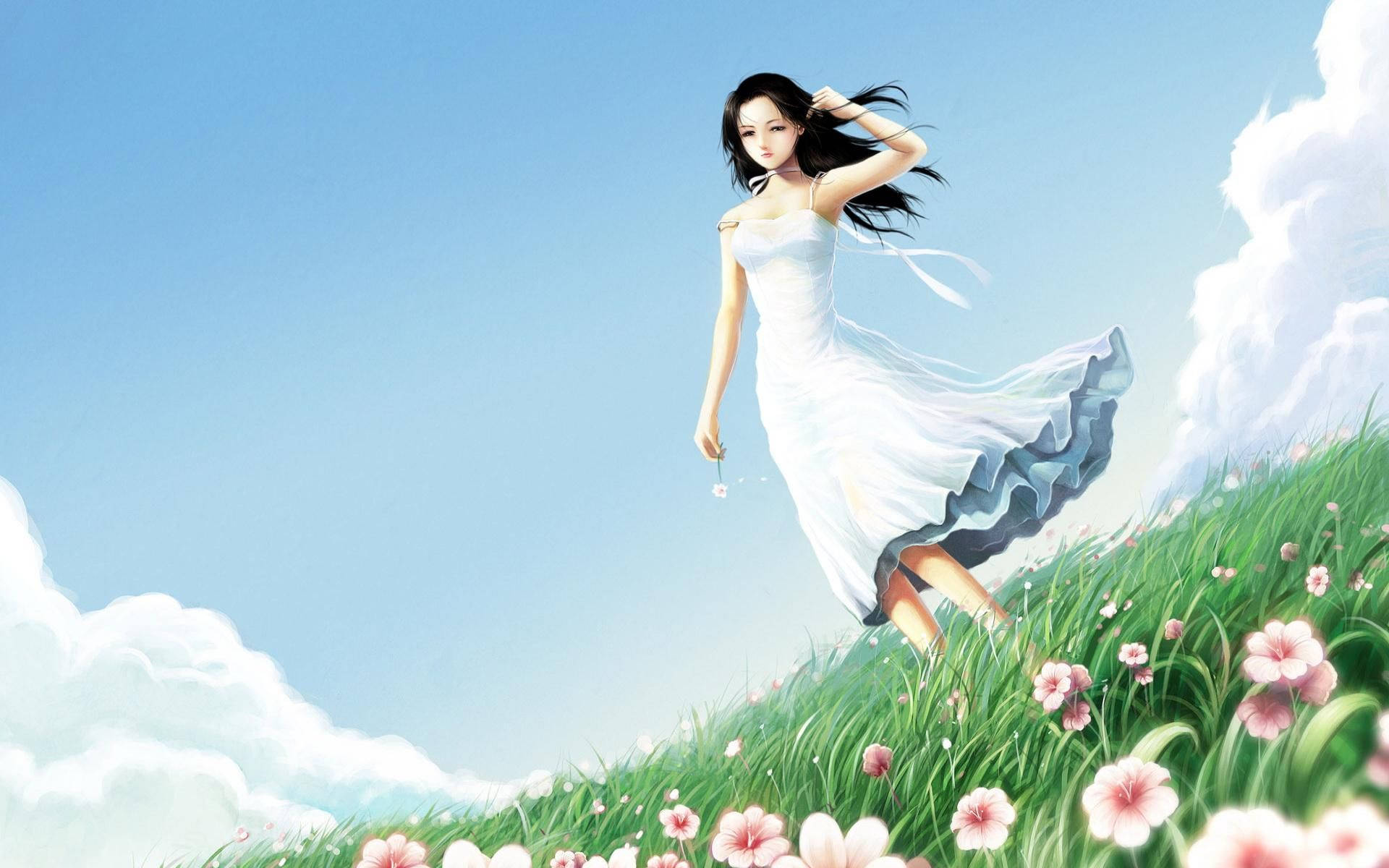 Girly Cartoon 桌布 壁紙 — 一位優雅的女士穿著飄逸的白色連衣裙，在陽光明媚、點綴著粉紅色花朵的山丘上跳舞，天空清澈湛藍。