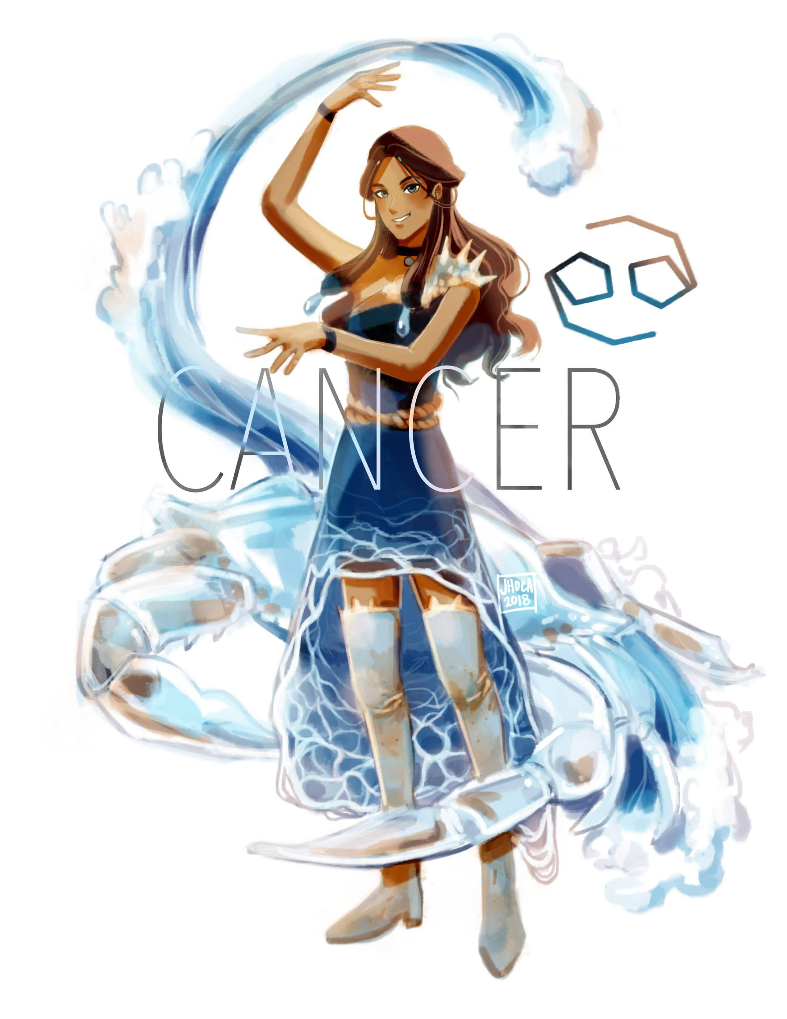 zodiac 桌布 壁紙 — 一位優雅的女士身穿藍色水主題服裝，在漩渦般的海洋能量中翩翩起舞，帶有螃蟹圖案和巨蟹座星座。
