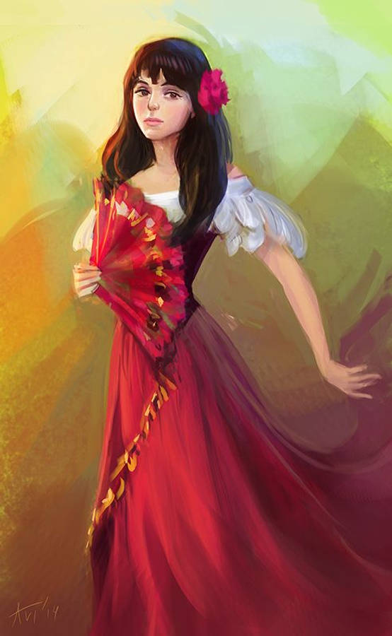 可愛動漫 桌布 壁紙 — 一位優雅的女士身穿飄逸的紅色長裙，搭配白色泡泡袖，在柔和的黃綠色繪畫背景前手持相配的扇子。