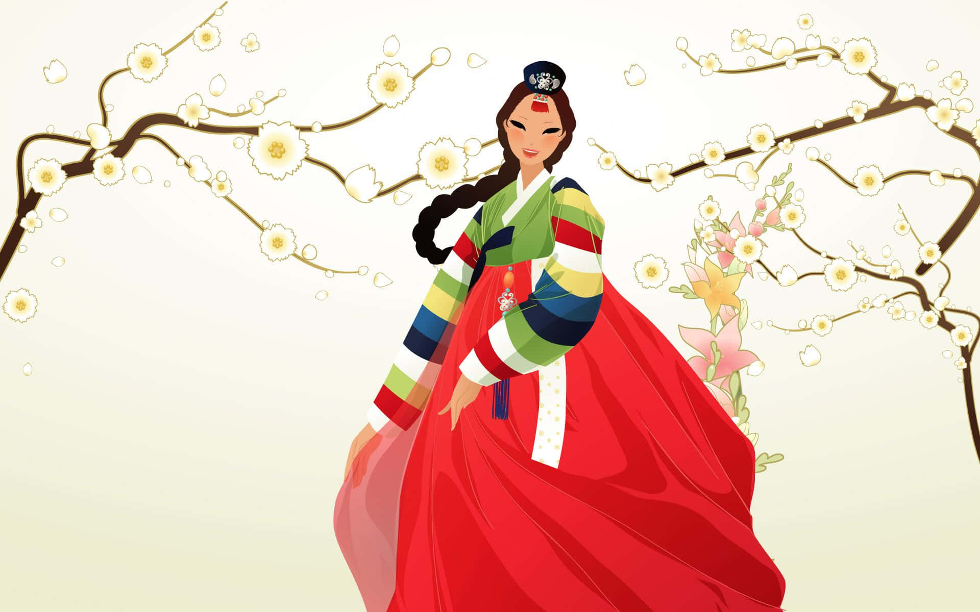 韓國 桌布 壁紙 — 一位優雅的女士身穿鮮豔的傳統韓國韓服，站在盛開的櫻花枝下。