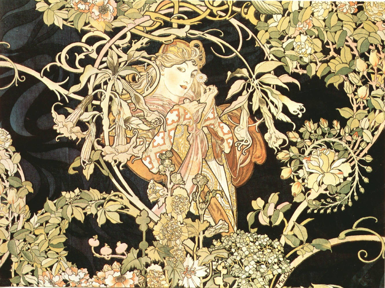 酷炫繪畫 桌布 壁紙 — 一位優雅的女士身著華麗長袍，在深色背景下與茂盛的花藤和花朵纏繞在一起。