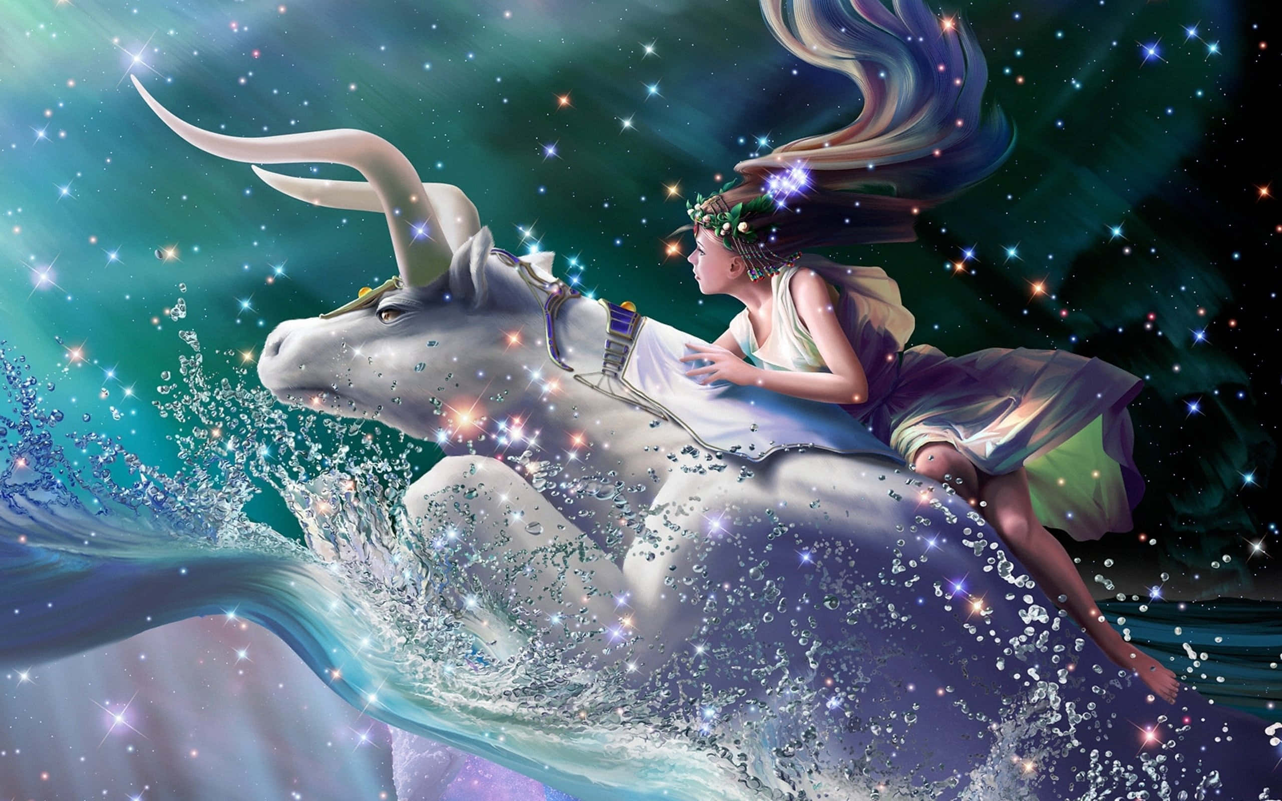 taurus 桌布 壁紙 — 一位優雅的女士騎著一頭雄偉的獨角獸，穿越閃爍的宇宙海洋，下方是星光熠熠的藍綠色天空。