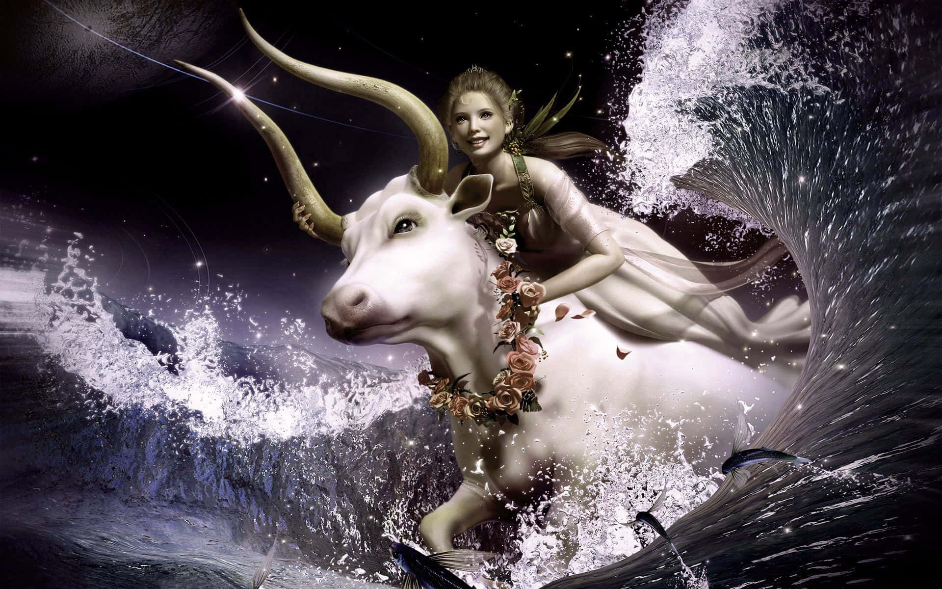 taurus 桌布 壁紙 — 一位優雅的女士騎著一頭雄偉的白牛，穿過星空下翻湧的波浪。