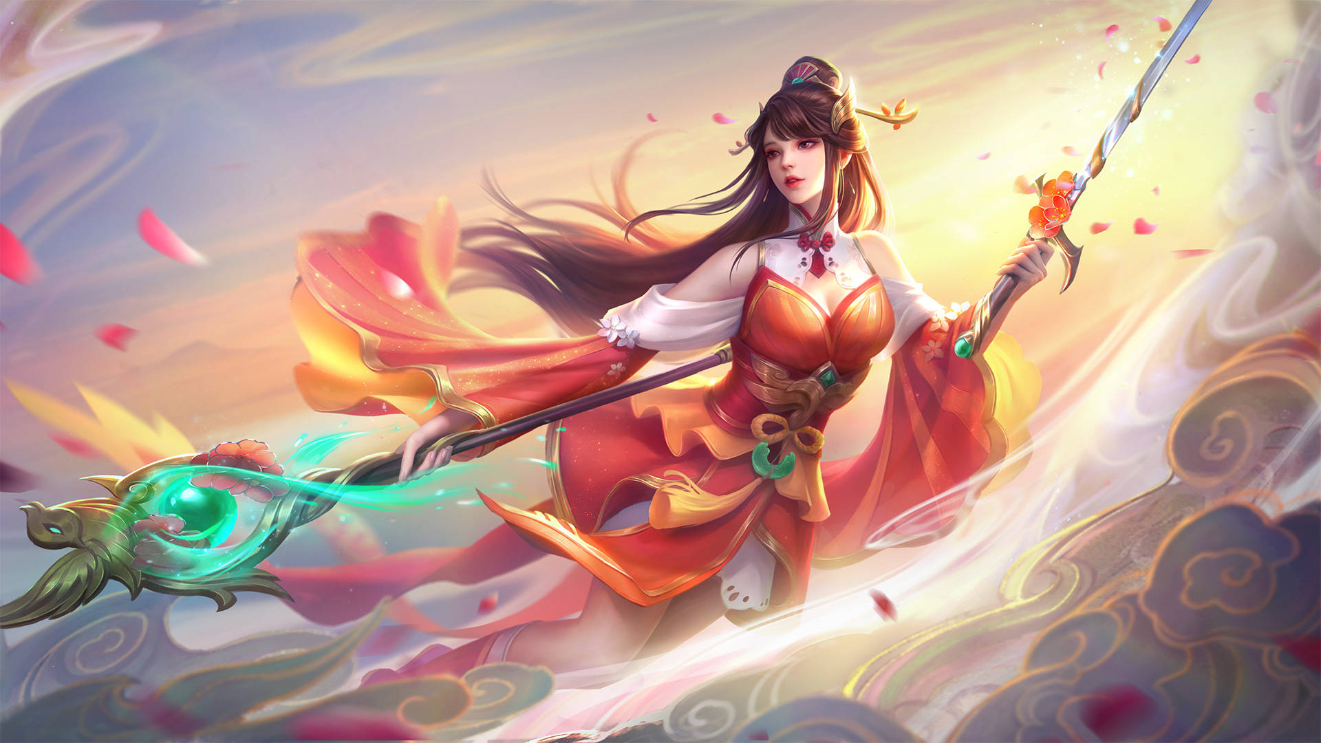 heroes 桌布 壁紙 — 一位優雅的女戰士身穿飄逸的紅色和金色長袍，在旋轉的雲朵和飄落的花瓣中揮舞著發光的法杖。