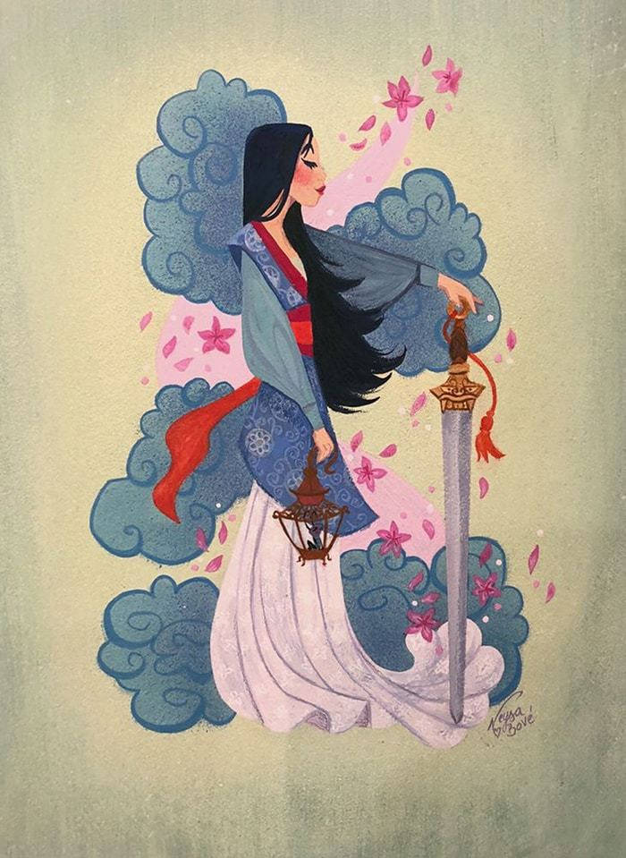 Mulan 桌布 壁紙 — 一位優雅的女戰士身穿飄逸的藍白長袍，在旋轉的雲霧和飄落的粉紅花瓣中手持劍和燈籠。