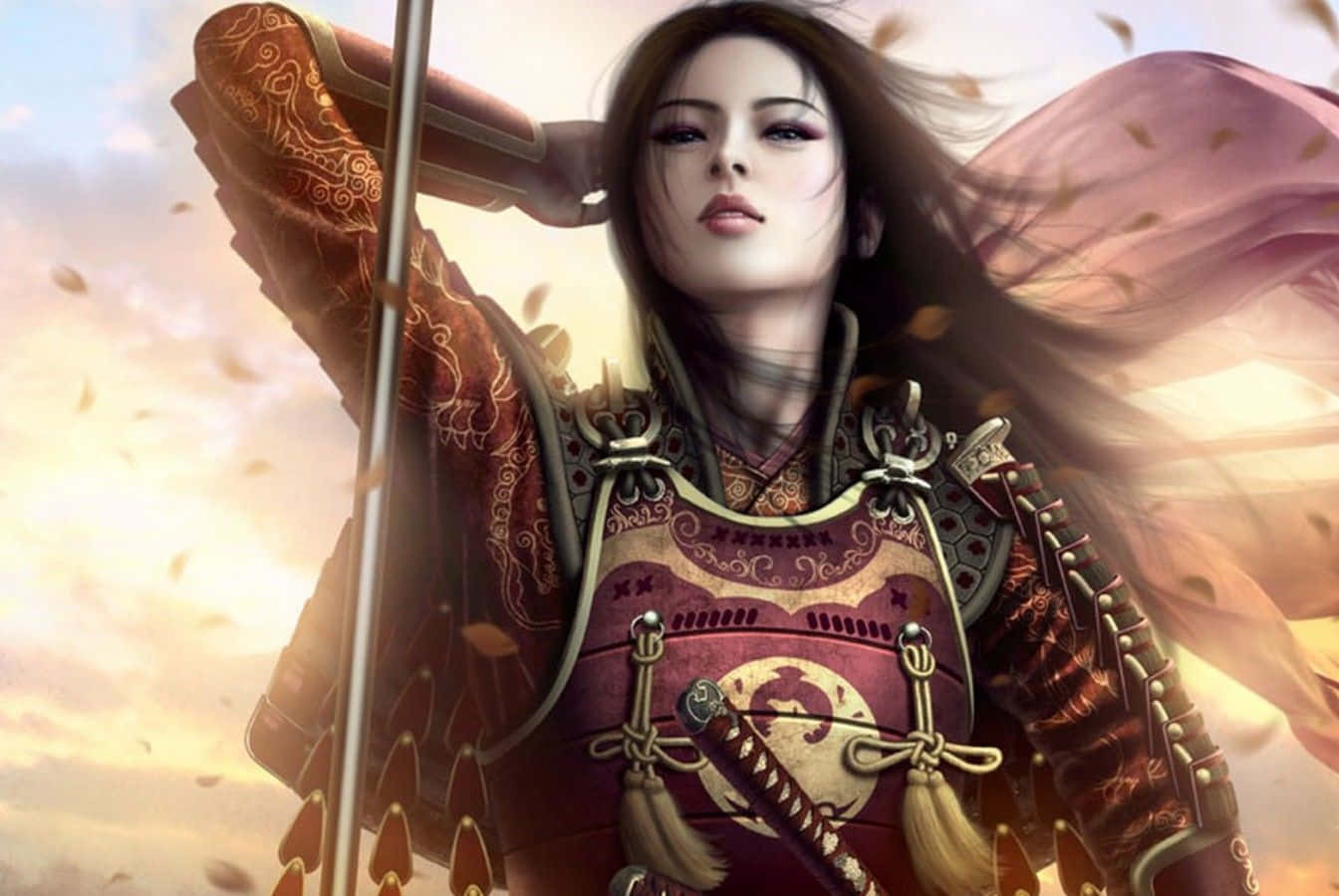 Warrior HD 桌布 壁紙 — 一位優雅的女武士身穿華麗的紅色盔甲，在金色夕陽中，秋葉在她周圍旋轉，手持一把劍。