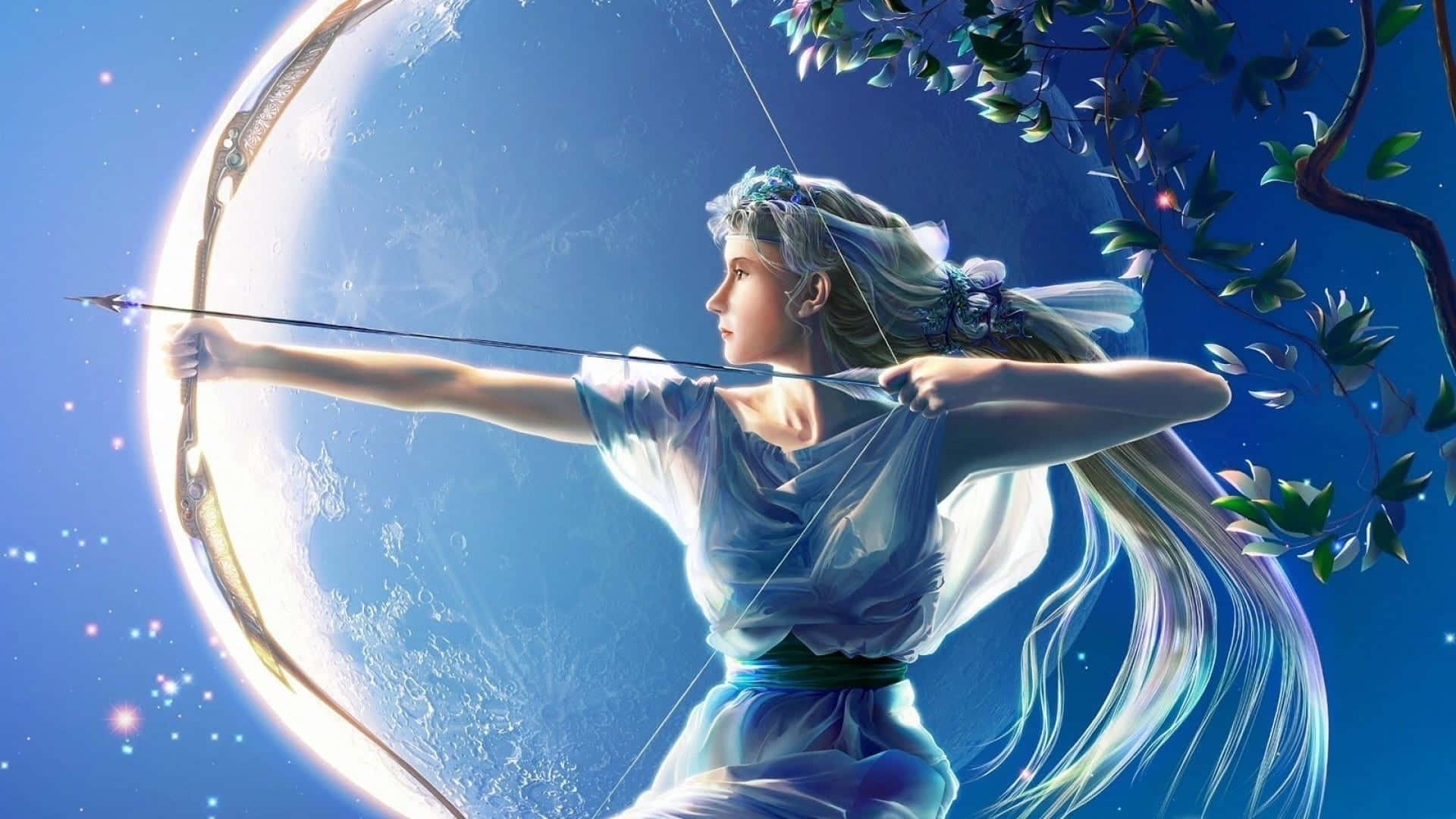 Sagittarius Aesthetic 桌布 壁紙 — 一位優雅的女神弓箭手身穿飄逸的白袍，在繁星和樹枝的襯托下，拉開閃耀的弓，背景是蔚藍的天空。
