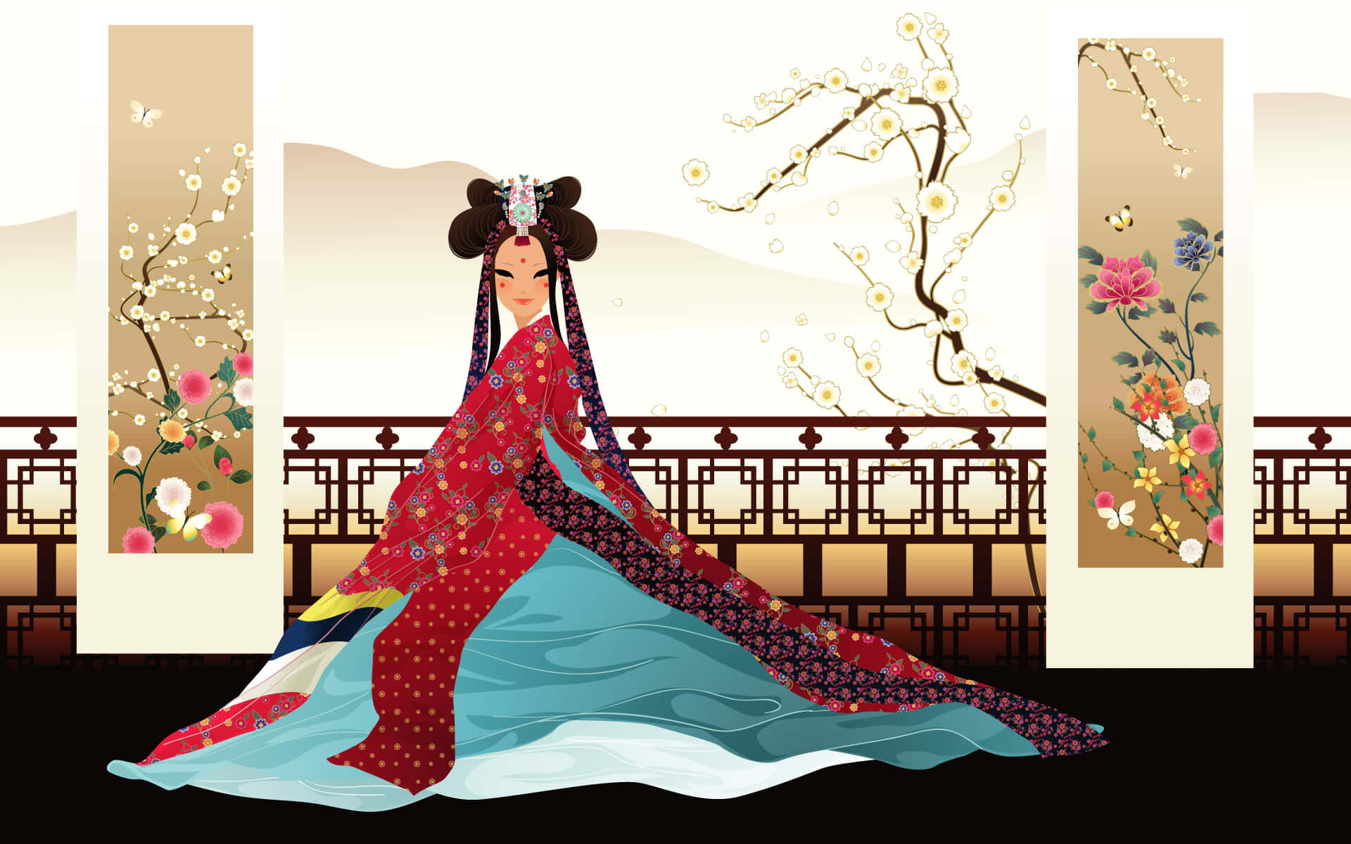 korean 桌布 壁紙 — 一位優雅的插圖女性穿著紅藍傳統長袍，站在木欄杆前，周圍有盛開的櫻花和蝴蝶。
