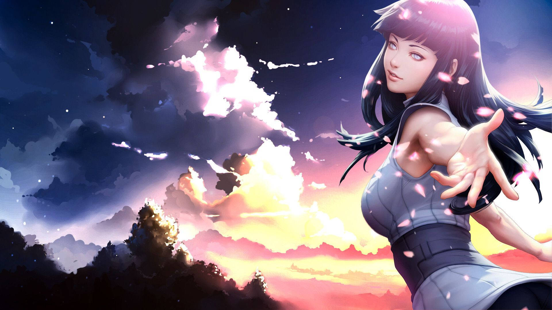 Hinata Hyuga 桌布 壁紙 — 一位優雅的深色頭髮動漫女孩，在充滿發光雲朵和飄落櫻花的戲劇性暮色天空中伸出手。