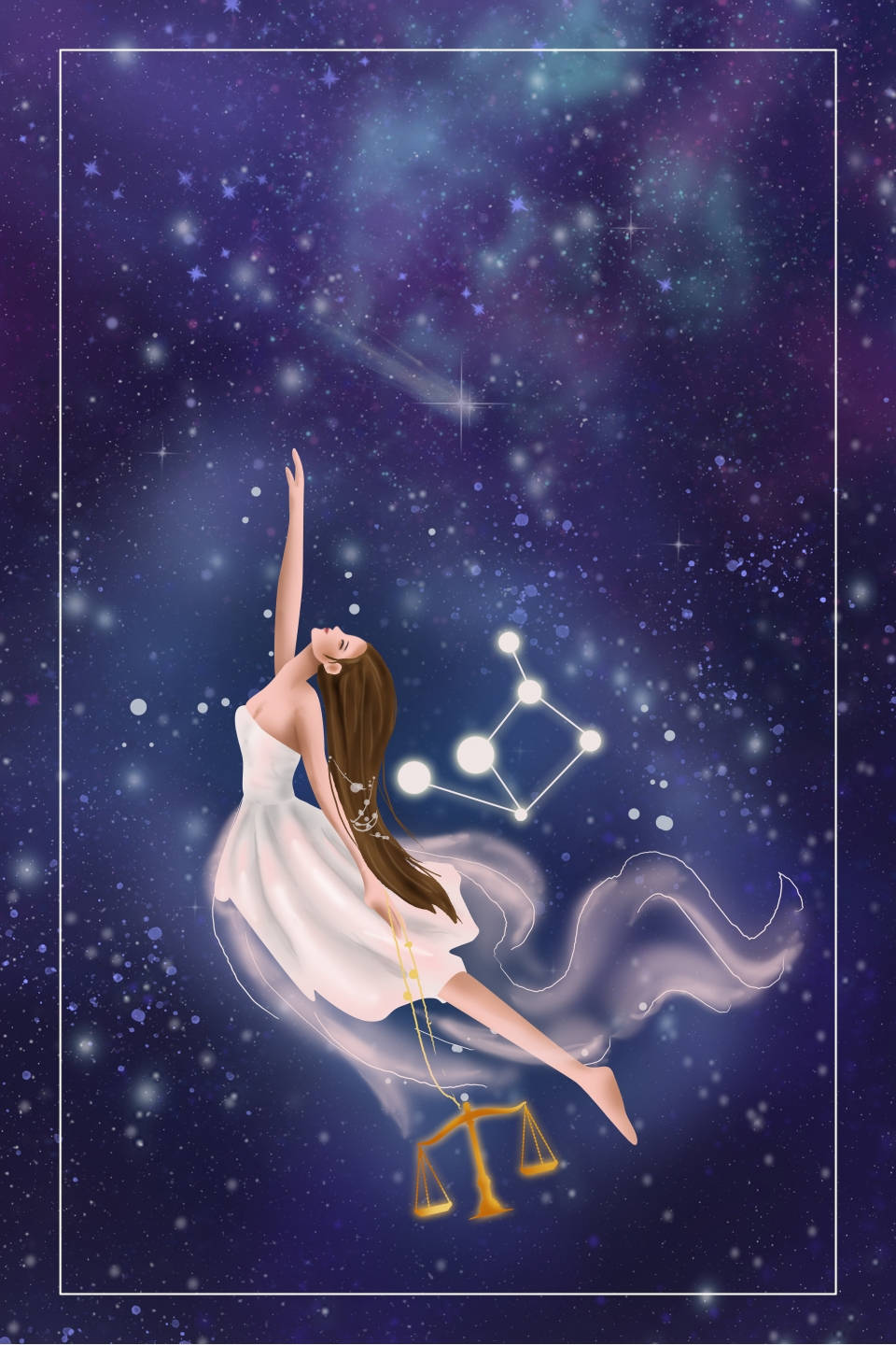 astrology 桌布 壁紙 — 一位優雅的白裙女子在星空中漂浮，天秤座星座和天秤在她腳下閃耀。