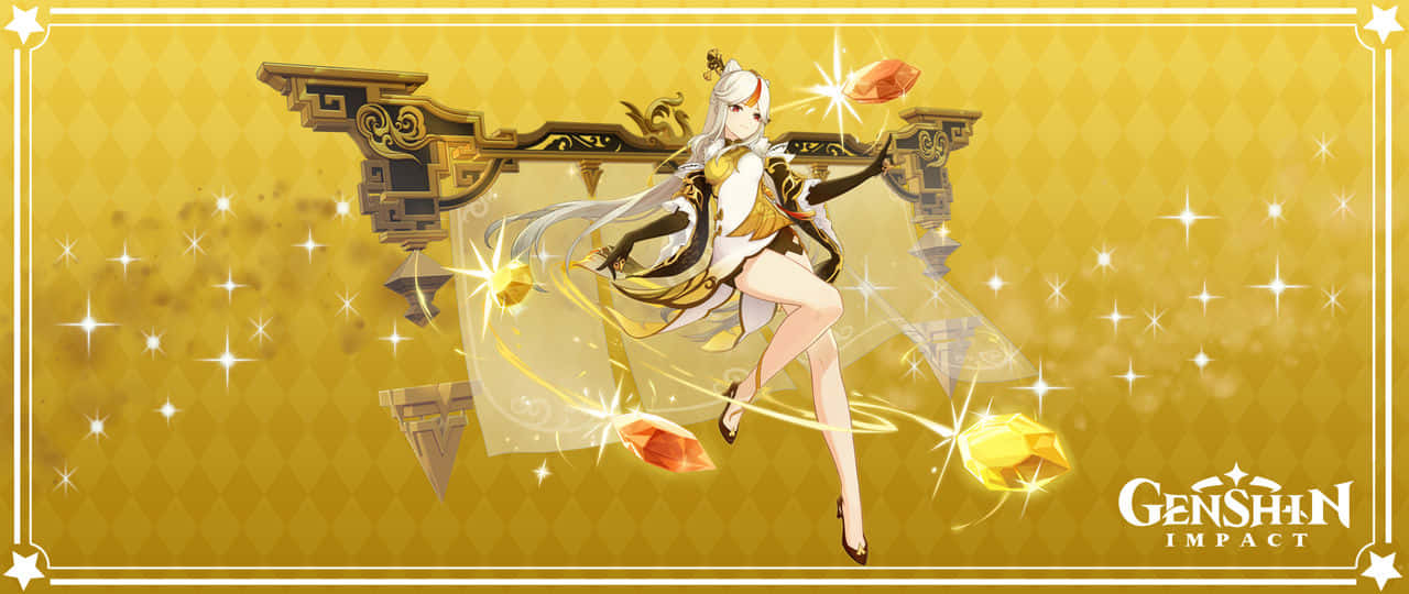 Genshin Impact Ningguang 桌布 壁紙 — 一位優雅的白髮金甲動漫少女，在閃爍星星和漂浮寶石裝飾的燦爛金色背景下動態跳躍。