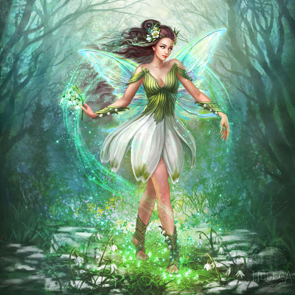 仙女美學 桌布 壁紙 — 一位優雅的精靈，擁有發光的翅膀和花冠，在迷霧森林中跳舞，周圍環繞著發光的綠色魔法和雪花蓮。