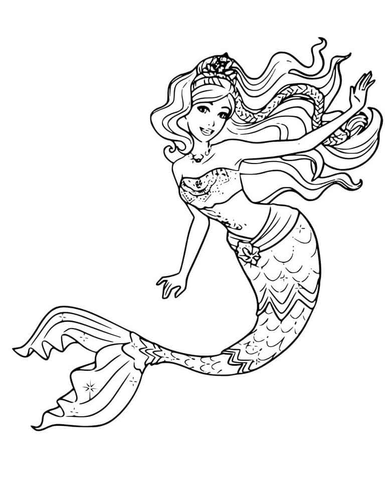 Mermaid Coloring 桌布 壁紙 — 一位優雅的美人魚，擁有飄逸的頭髮和鱗片尾巴，在黑白線條藝術著色頁中優雅地擺姿勢。