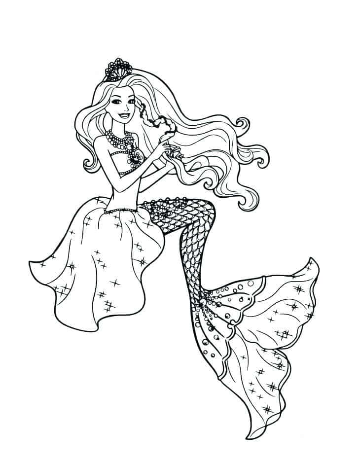 Mermaid Coloring 桌布 壁紙 — 一位優雅的美人魚，擁有飄逸的頭髮和鑲有寶石的尾巴，在純白色背景上拿著一個貝殼。