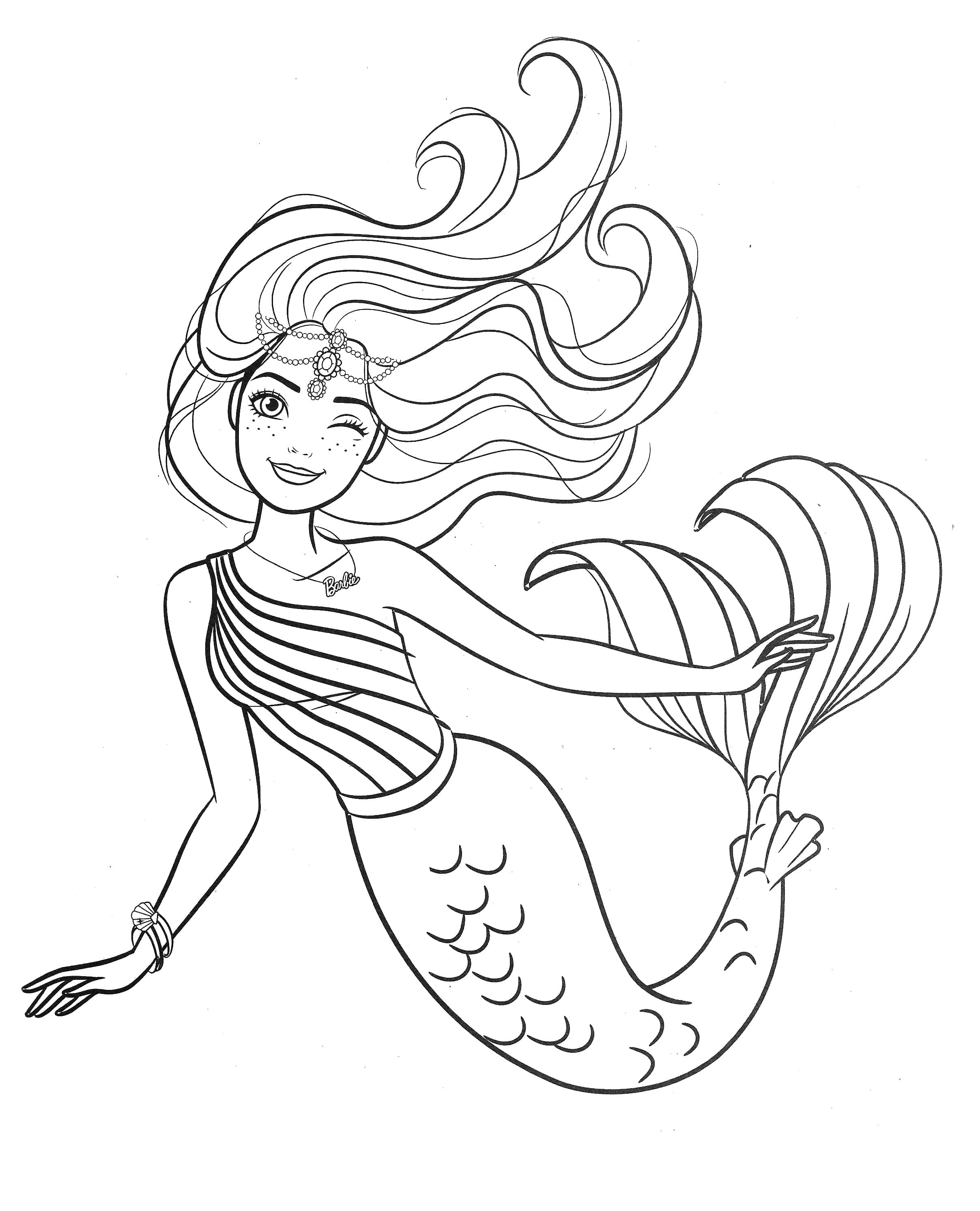 Mermaid Coloring 桌布 壁紙 — 一位優雅的美人魚，擁有飄逸的頭髮和精緻的尾巴，以黑白線條藝術插圖擺出姿勢。