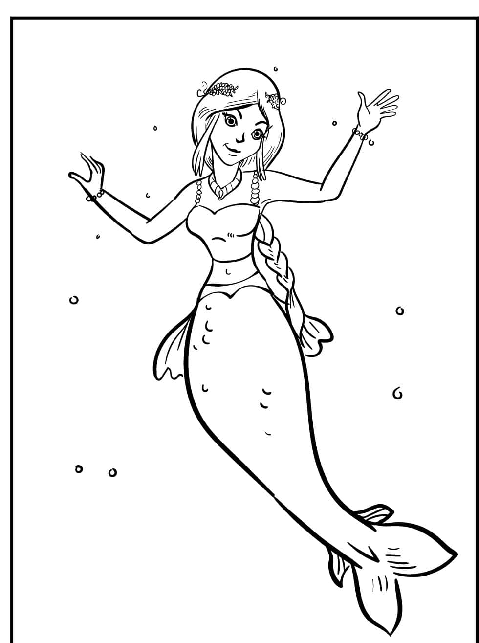 Mermaid Coloring 桌布 壁紙 — 一位優雅的美人魚，編織的頭髮和流暢的尾巴，在簡單的黑白線條畫中快樂地游過冒泡的水。