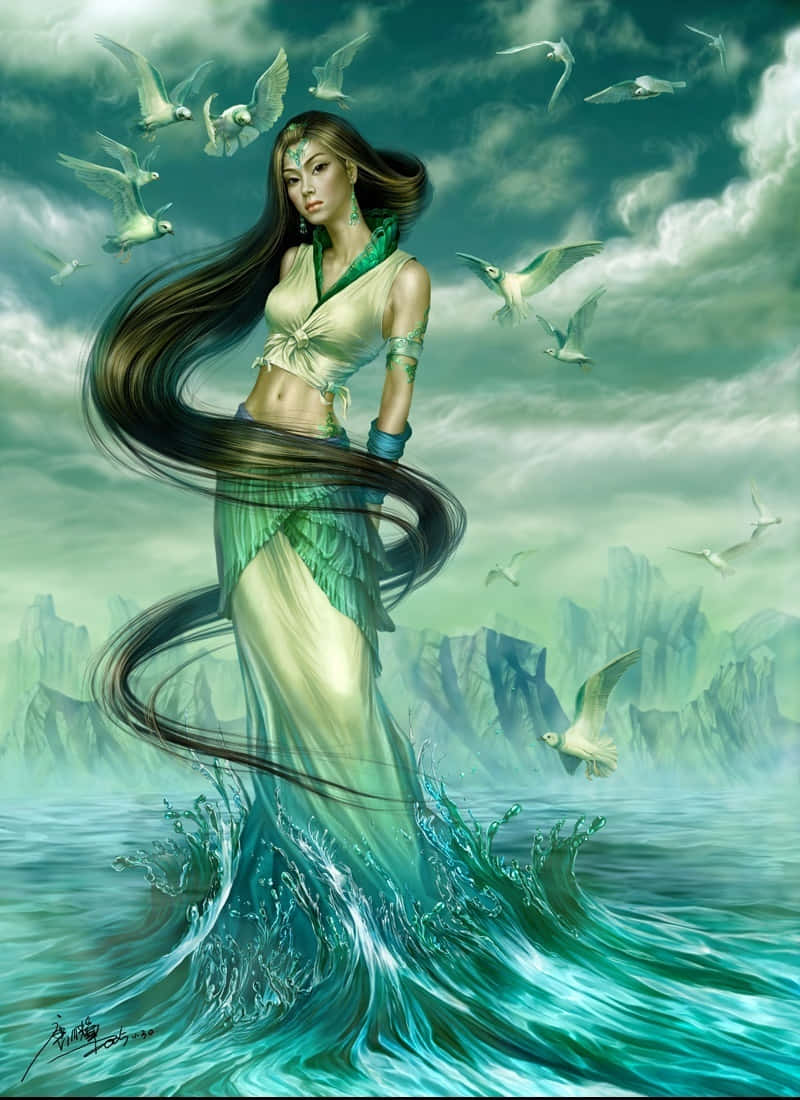 奇幻藝術 桌布 壁紙 — 一位優雅的美人魚，飄逸的深色頭髮從碧綠的波浪中浮現，白色的鳥兒在陰雲密布的天空下在她周圍翱翔。